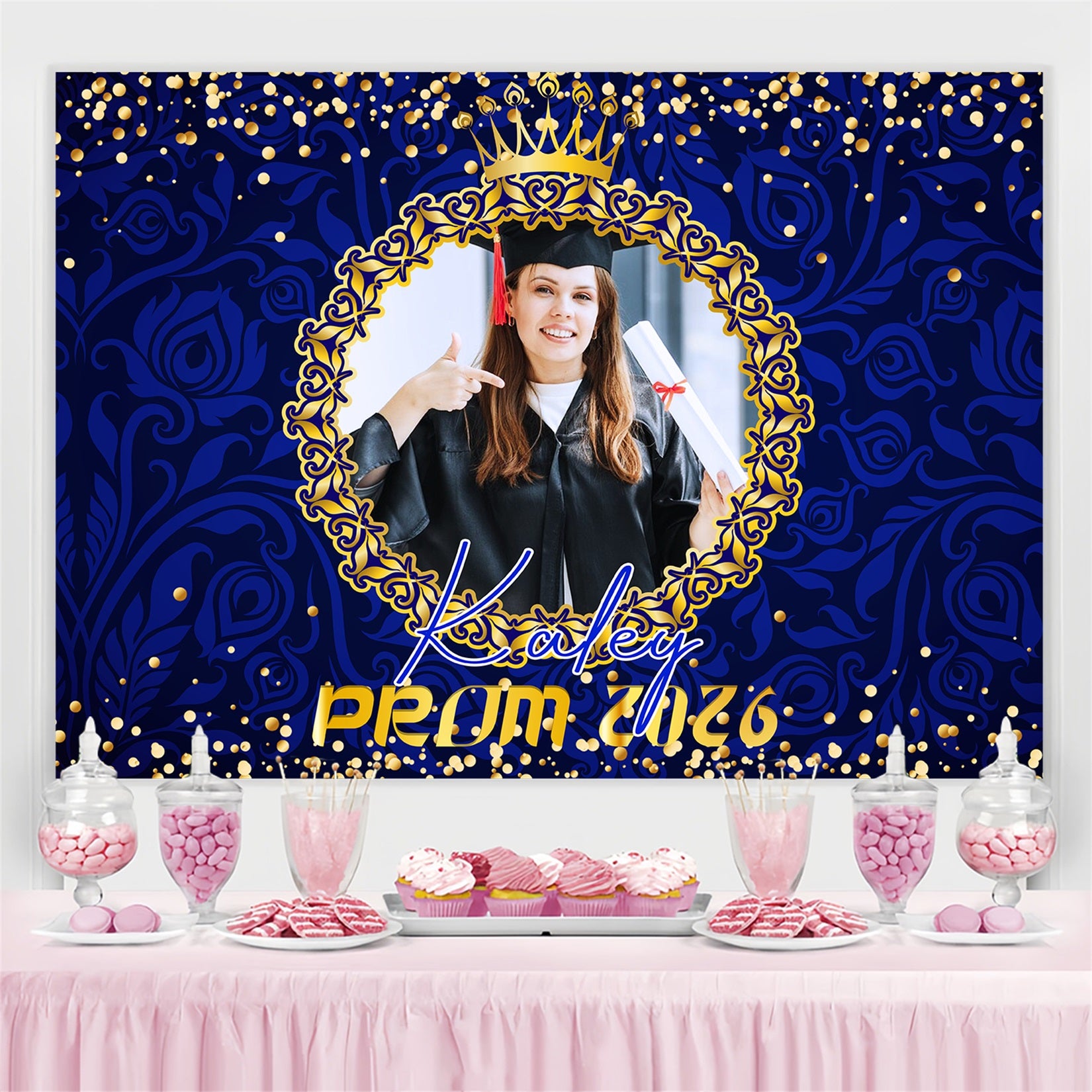 Prom 2026 Backdrop Opulent Blue Gold Graduation Party Backdrop LXX4-180