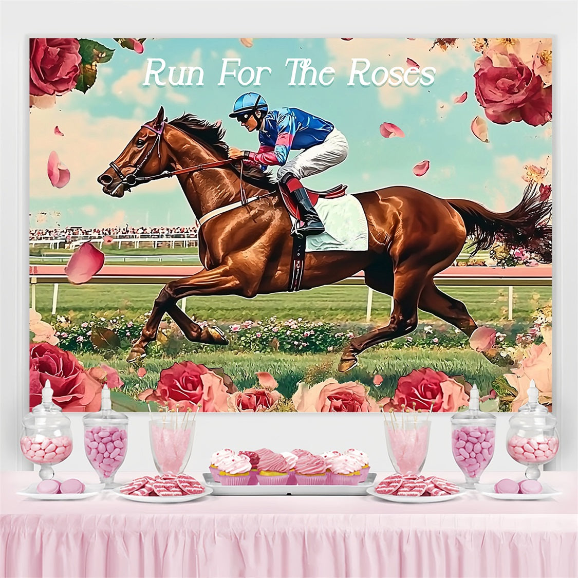 Kentucky Derby Party Photo Backdrop Horse Motion Roses Custom Backdrop LXX4-40