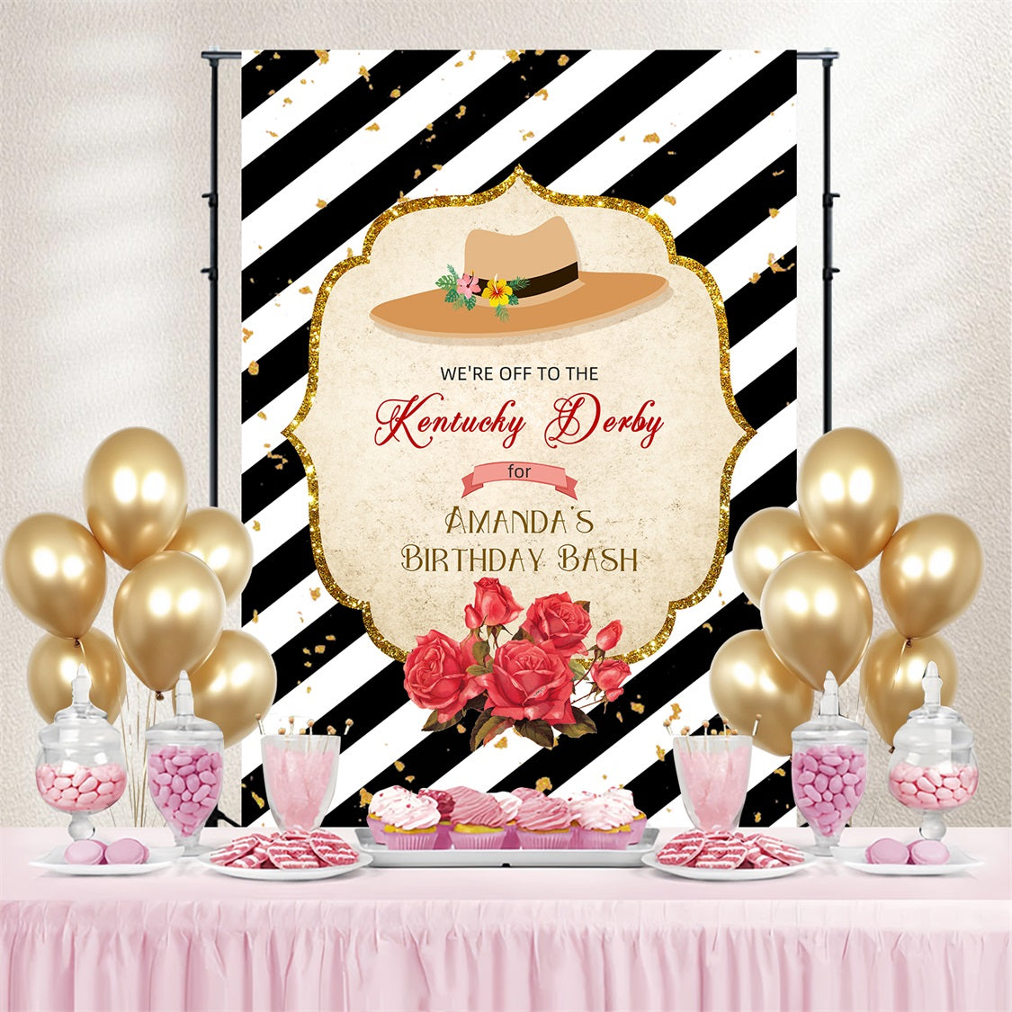 Kentucky Derby Photo Backdrops Striped Hat Rose Birthday Bash Customized Backdrop LXX4-50