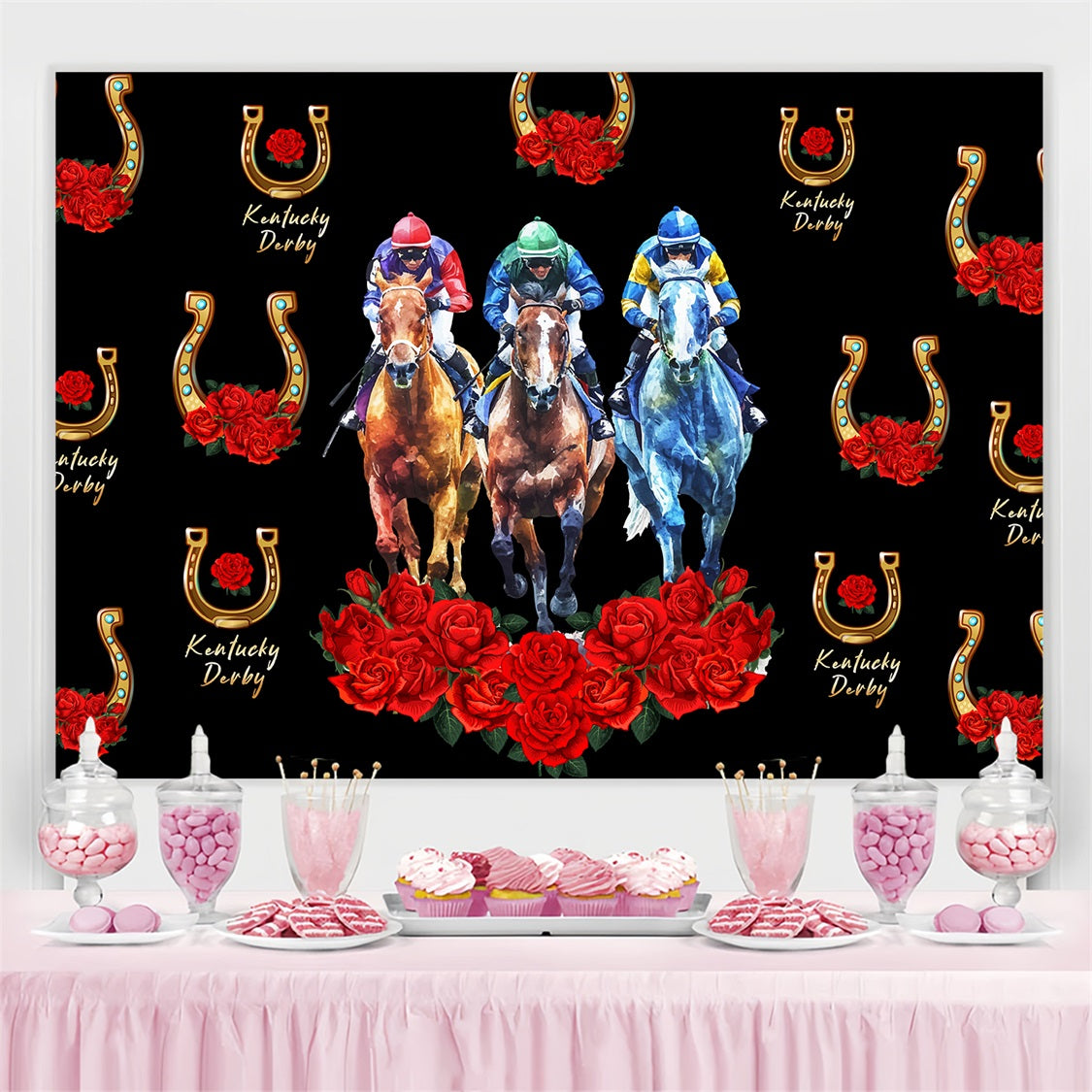 Kentucky Derby Backdrop Floral Horseshoe Repeat Custom Backdrop LXX4-53