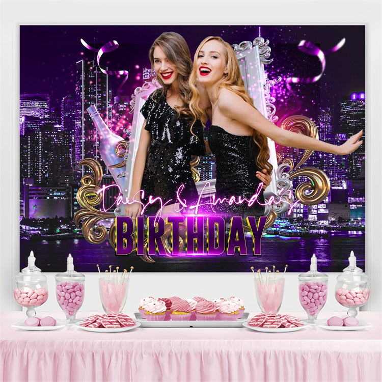 Personalized Birthday Backdrop City Lights Purple Glam Backdrop LXX4-7