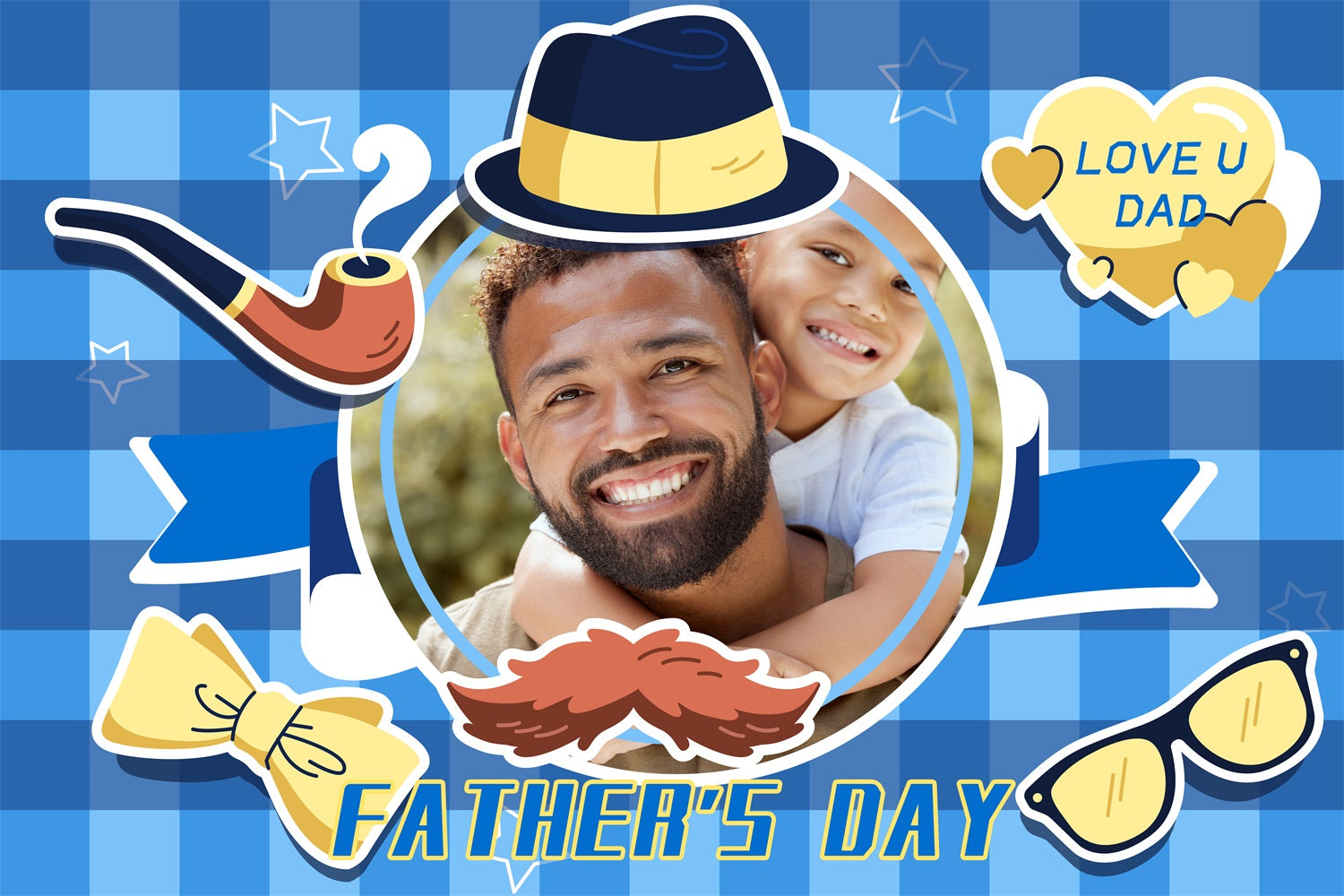 Father's Day Photo Backdrop Ideas Blue Plaid Hat Personalised Backdrop LXX4-86