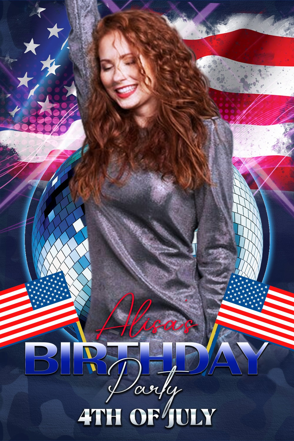 4th of July Backdrop Disco Ball Flag Customized Birthday Backdrop LXX5-48