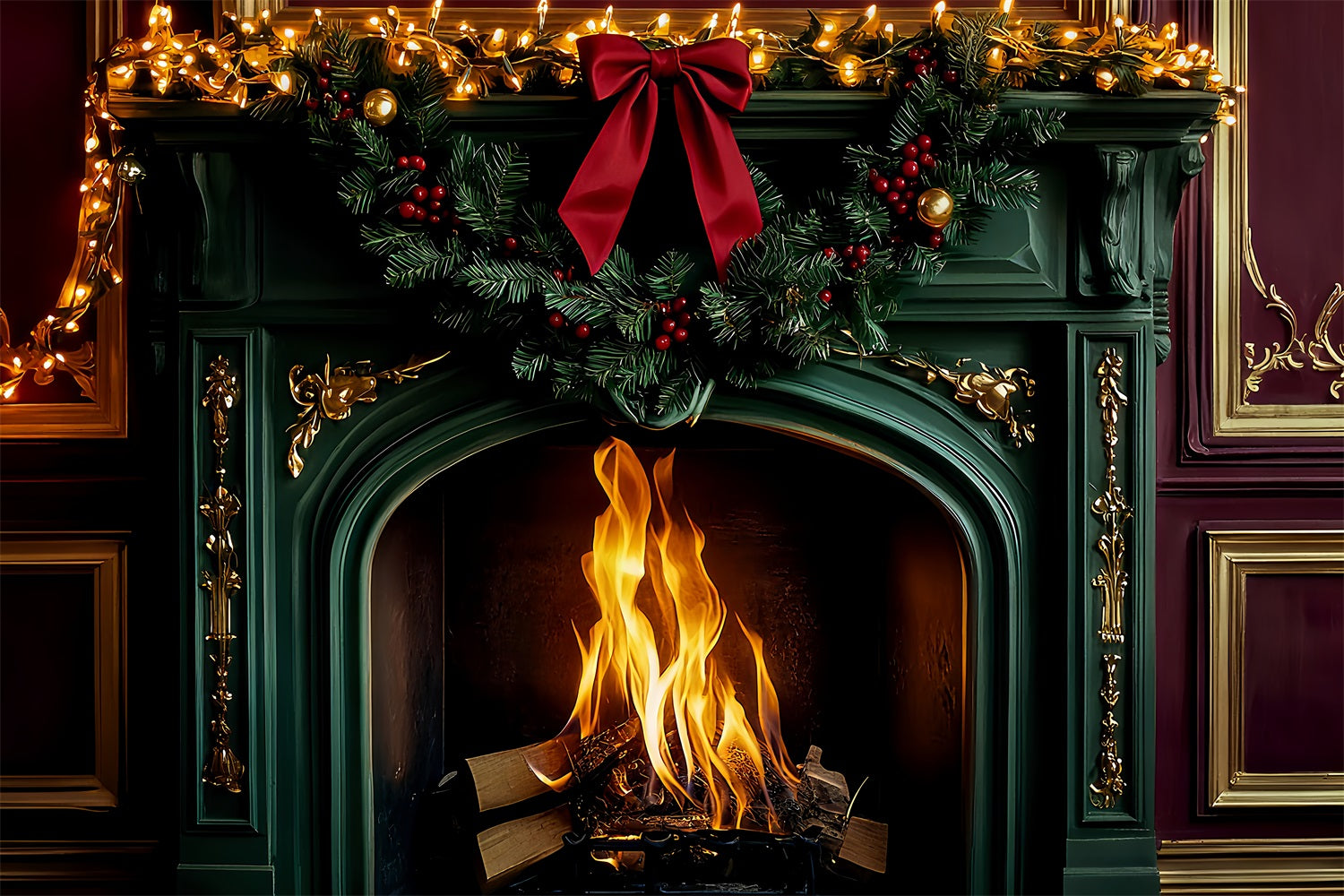 Bow Backdrop Emerald Fireplace Holiday Glow Christmas Backdrop LXX510-151