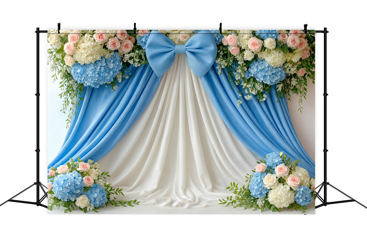 Large Bow Backdrop Blue Floral Draped Elegance Flower Backdrop LXX510-153