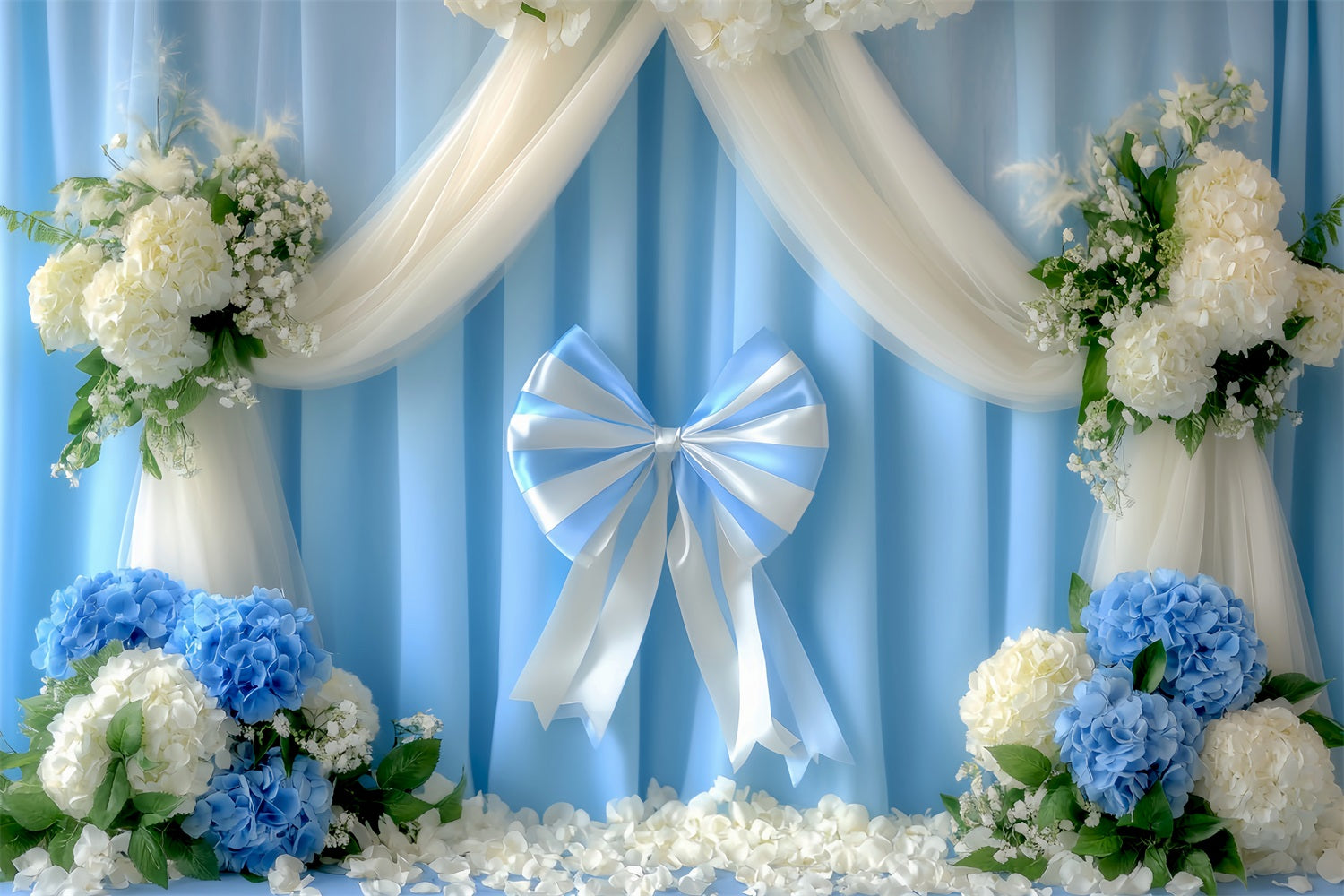 Bow Backdrop White Blue Ribbon Garden Floral Backdrop LXX510-154