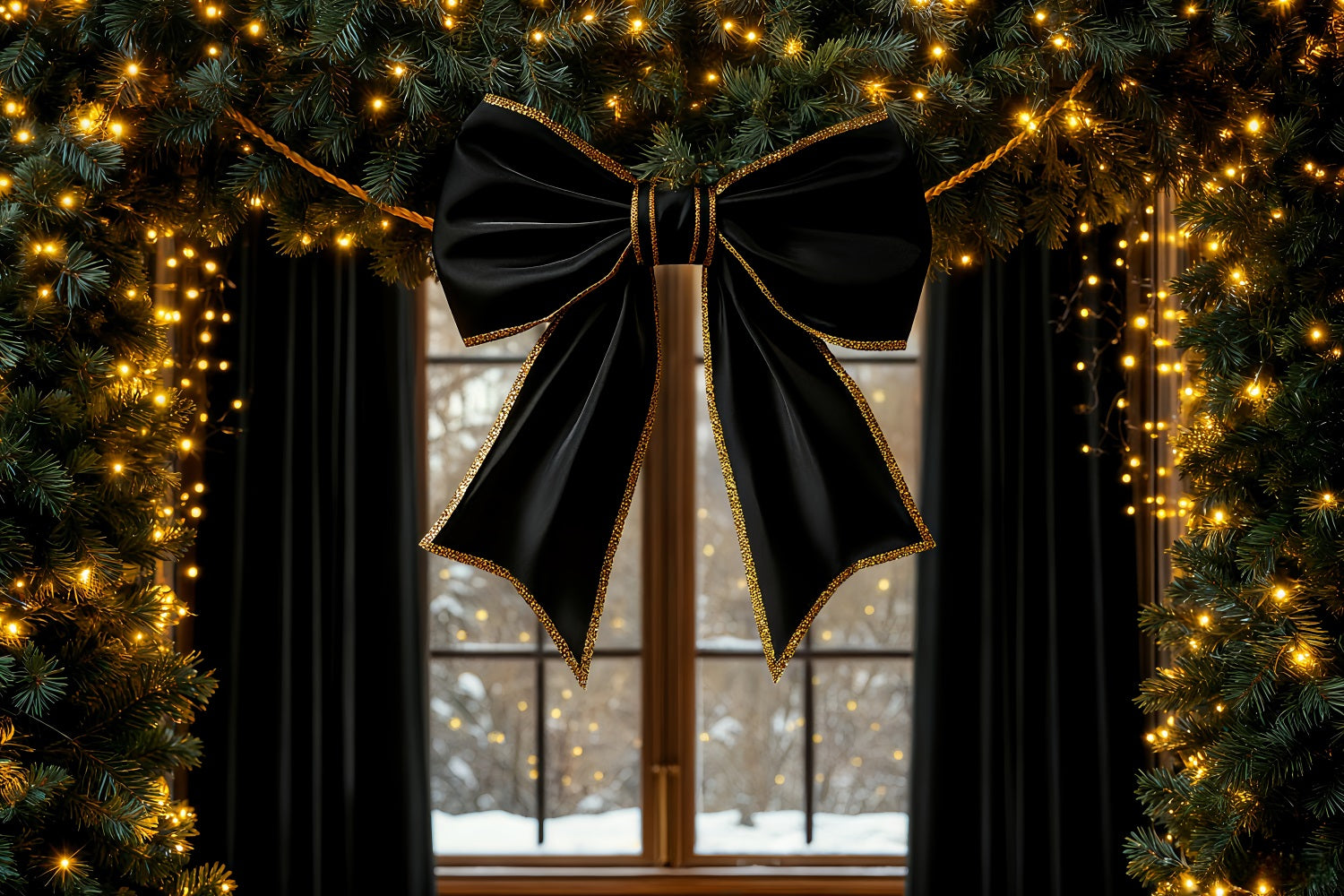 Large Bow Backdrop Black Ribbon Glow Window Christmas Backdrop LXX510-155