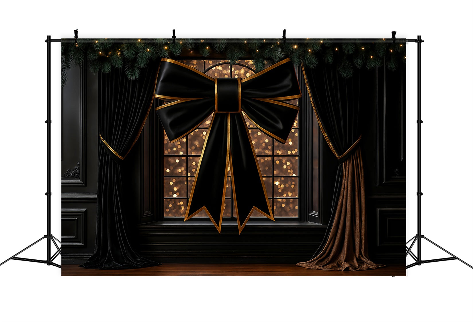 Large Bow Backdrop Elegant Black Gold Window Christmas Photo Backdrop LXX510-156