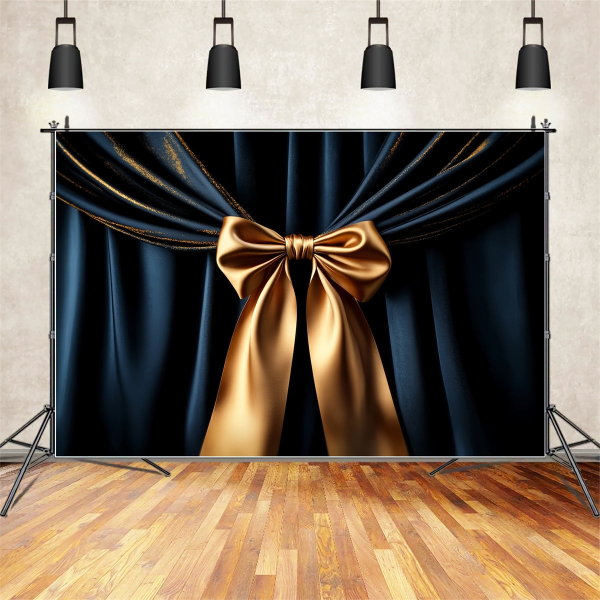 Large Bow Backdrop Navy Drapes Golden Accent Holiday Backdrop LXX510-158