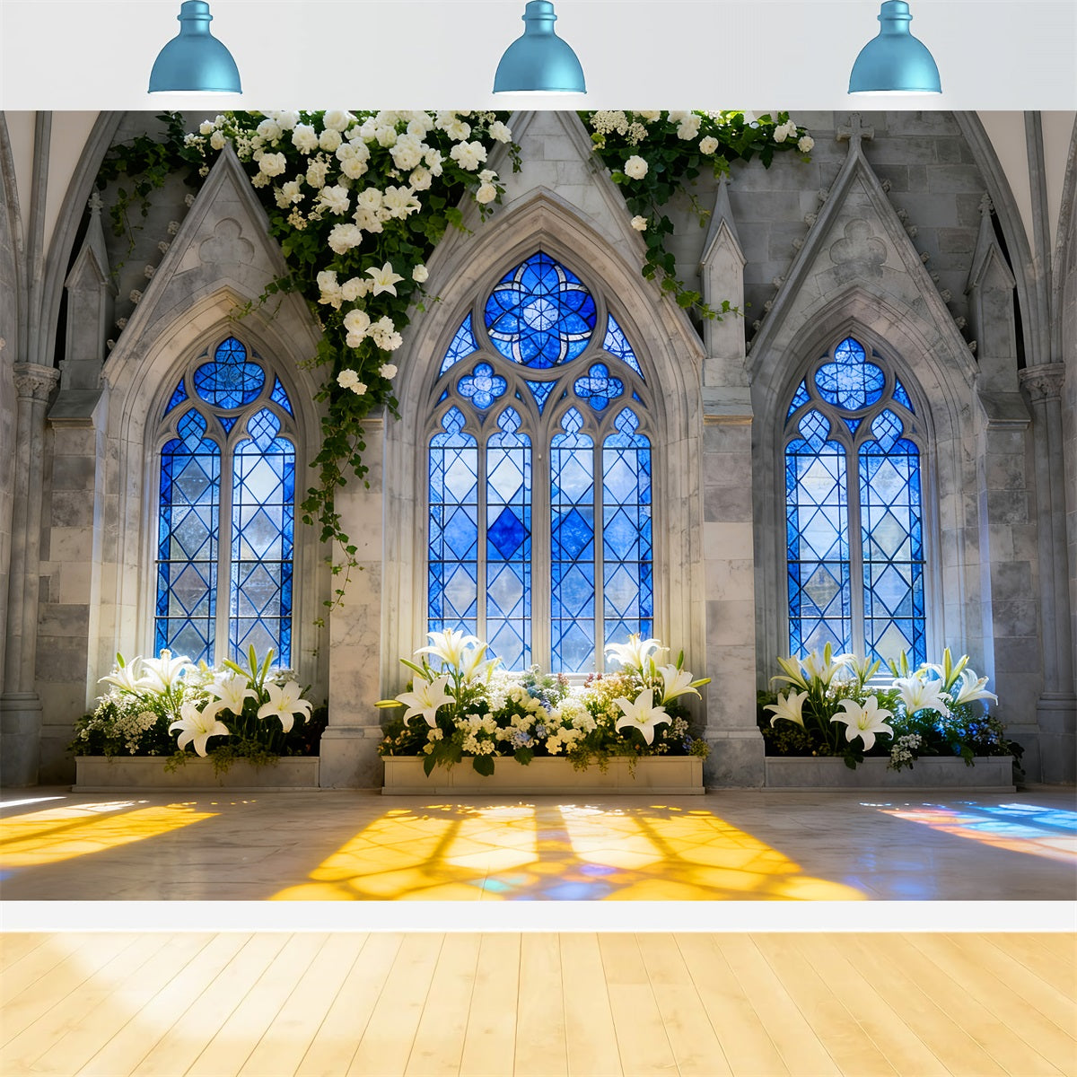 Church Easter Backdrop Gothic Blue Window Lily Light Stained Glass Backdrop LXX512-137