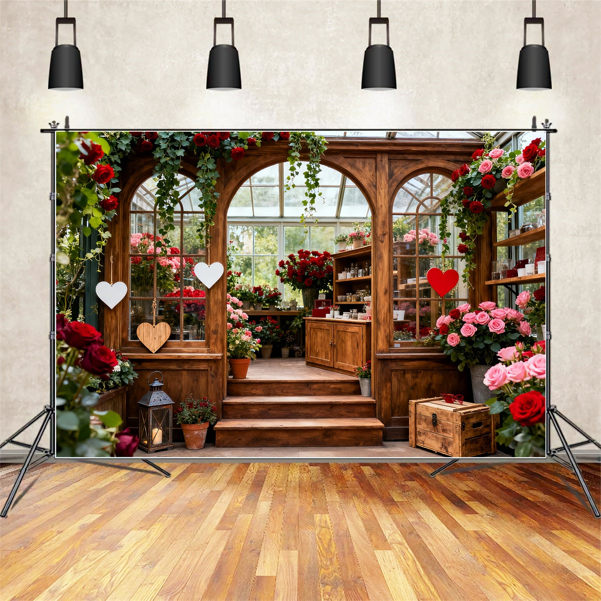 Rustic Farmhouse Valentine Backdrop Garden Glasshouse Romance Red Rose Backdrop LXX512-163