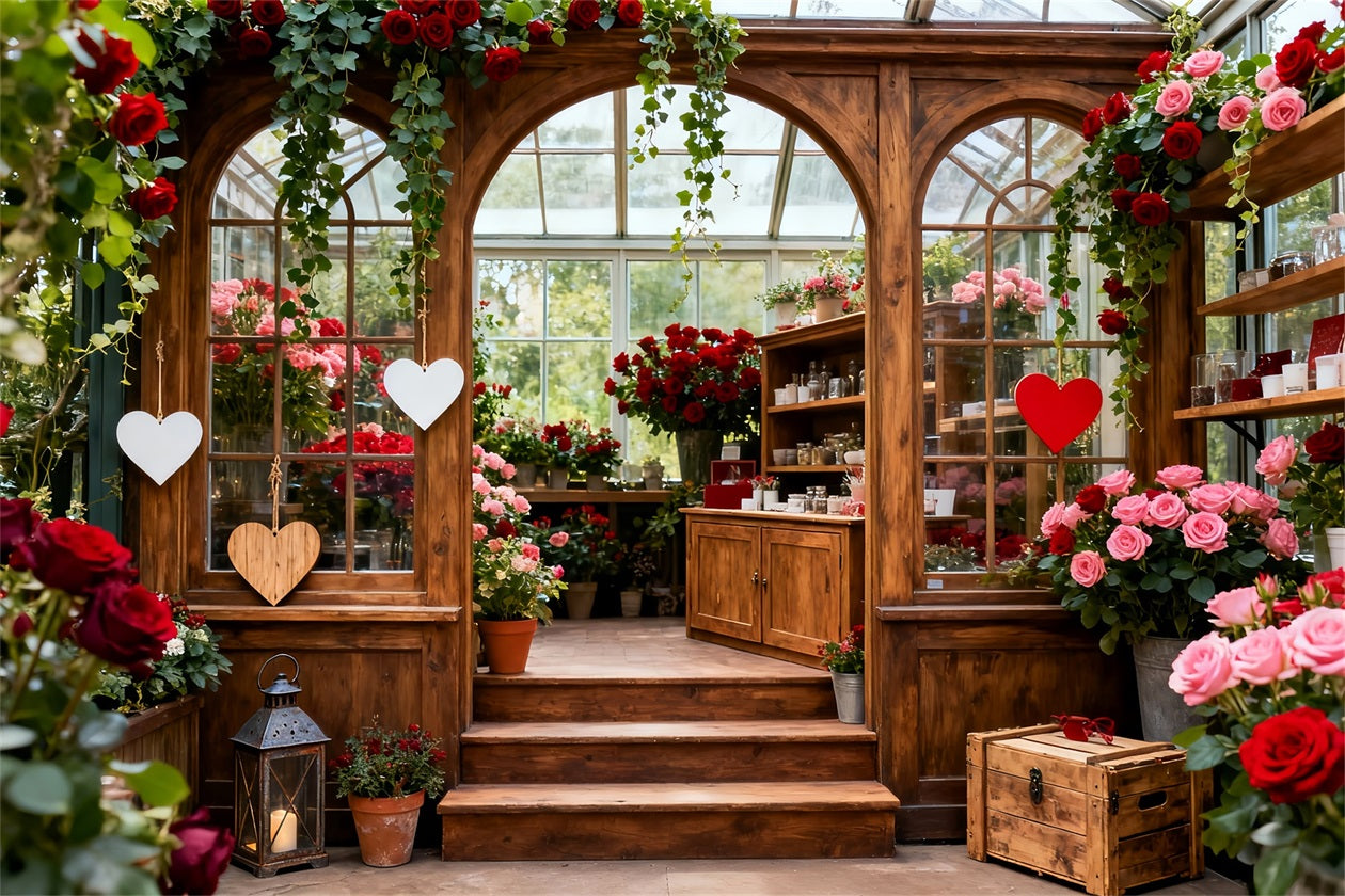 Rustic Farmhouse Valentine Backdrop Garden Glasshouse Romance Red Rose Backdrop LXX512-163