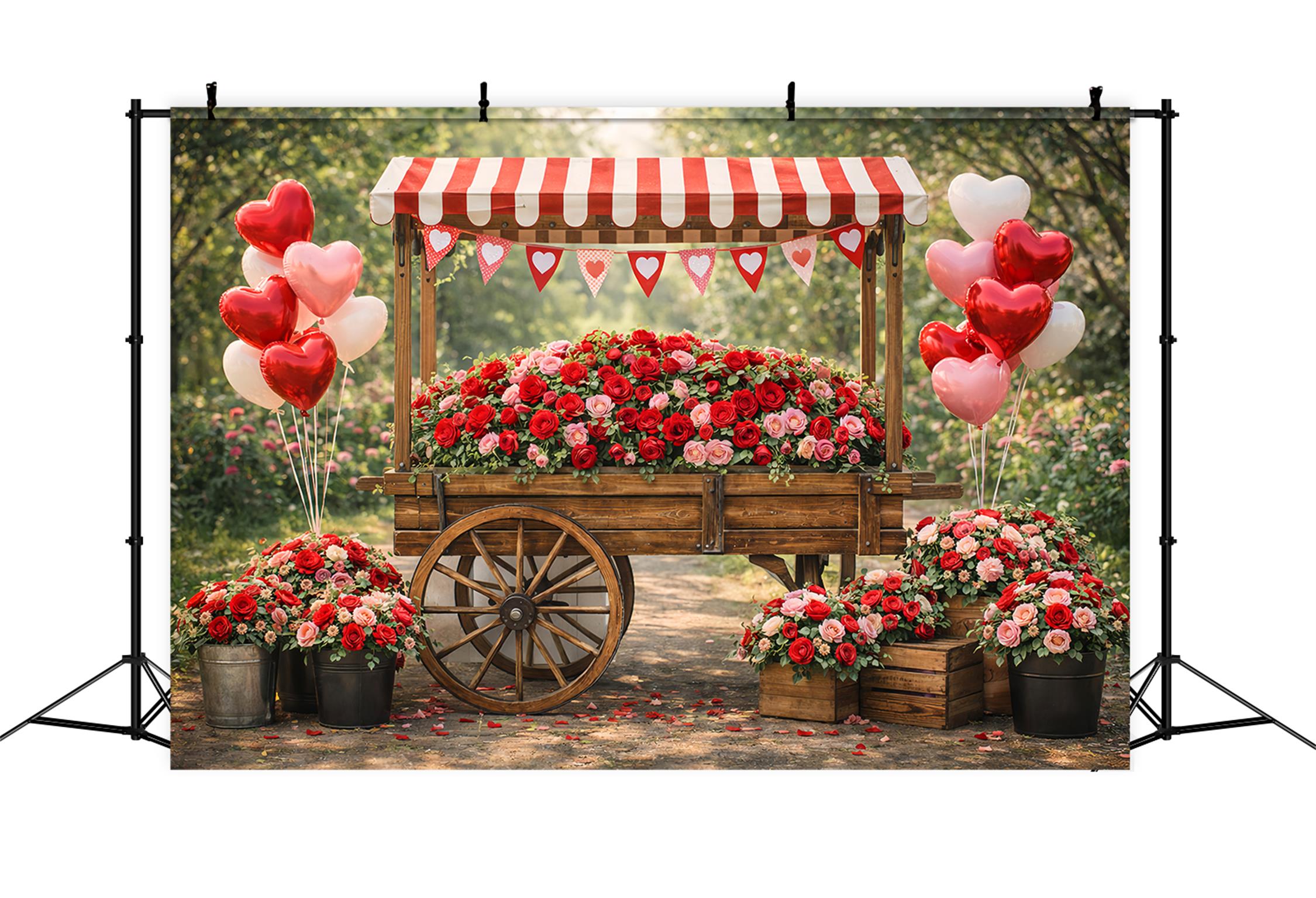 Heart Balloon Backdrop Rustic Rose Cart Hearts Valentine Backdrop Ideas LXX512-174