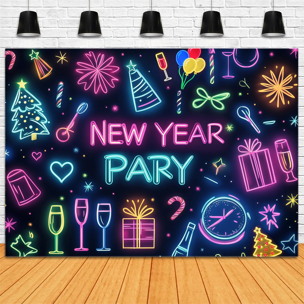 New Year Backdrop Colorful Party Icons Celebration Neon Light Backdrop LXX512-2