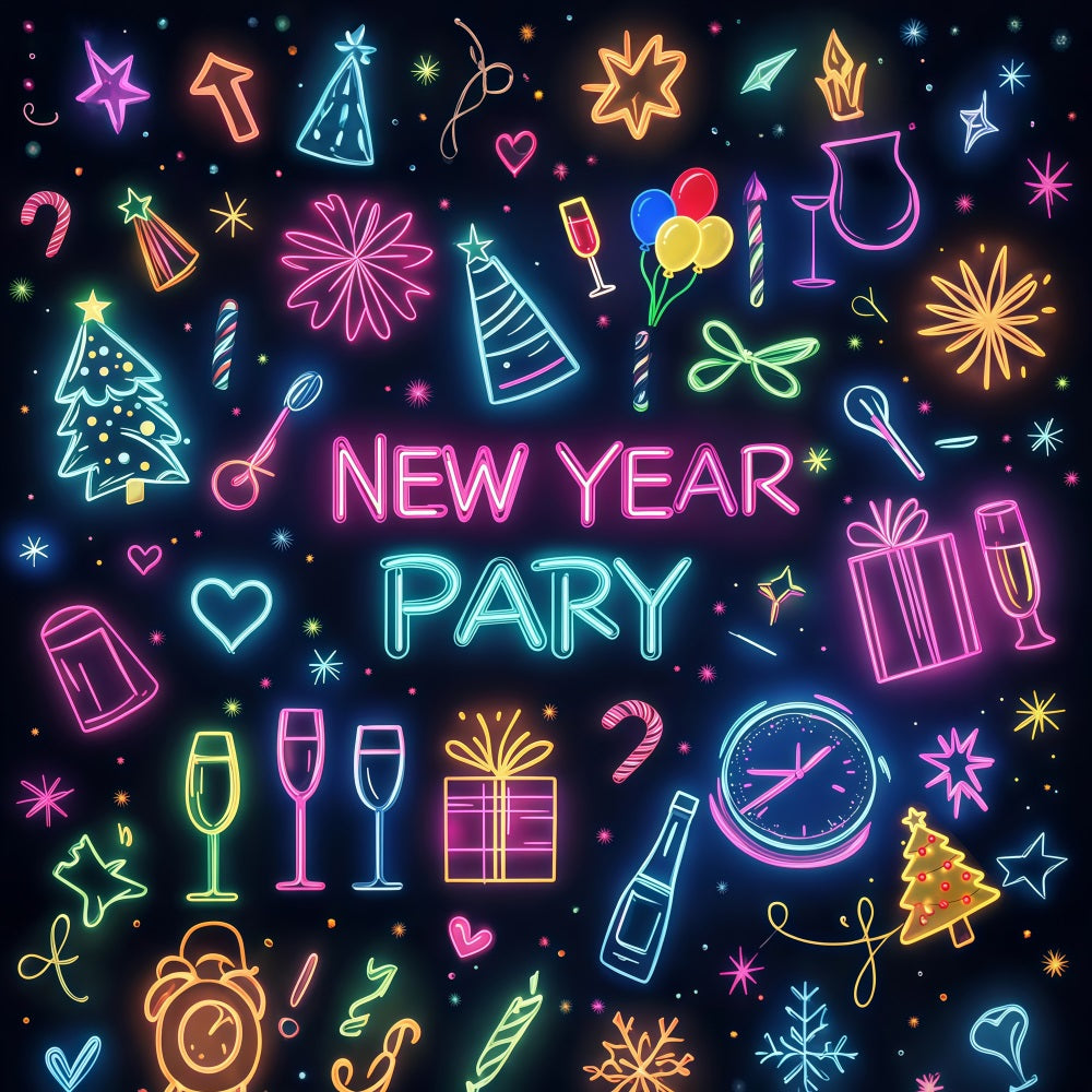 New Year Backdrop Colorful Party Icons Celebration Neon Light Backdrop LXX512-2