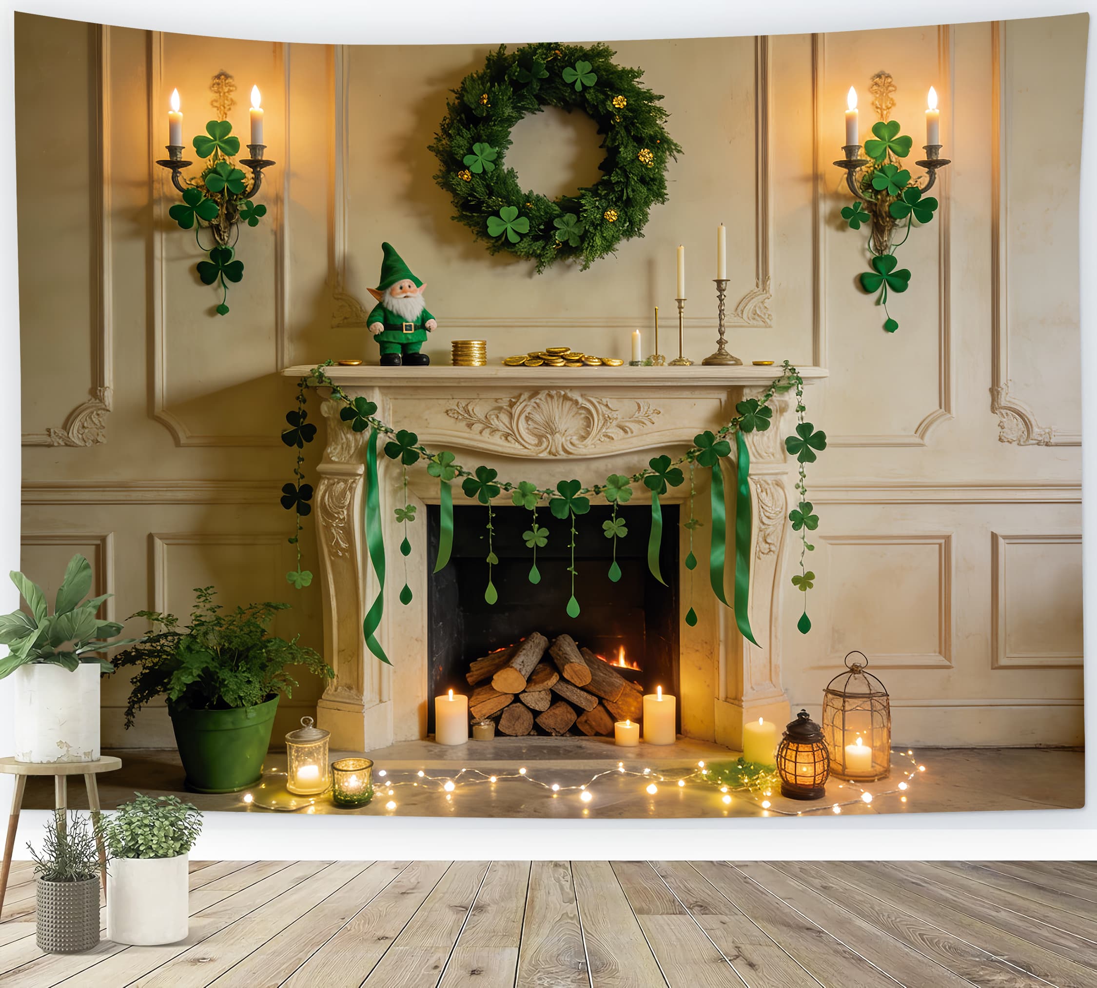 St Patrick Backdrop Emerald Fireplace Shamrock Garland St Patricks Day Backdrop LXX512-38