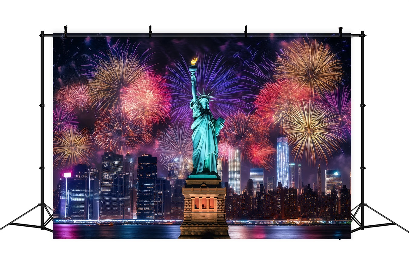 Happy New Year Backdrop Statue Liberty Night Cityscape Fireworks Backdrop LXX512-4