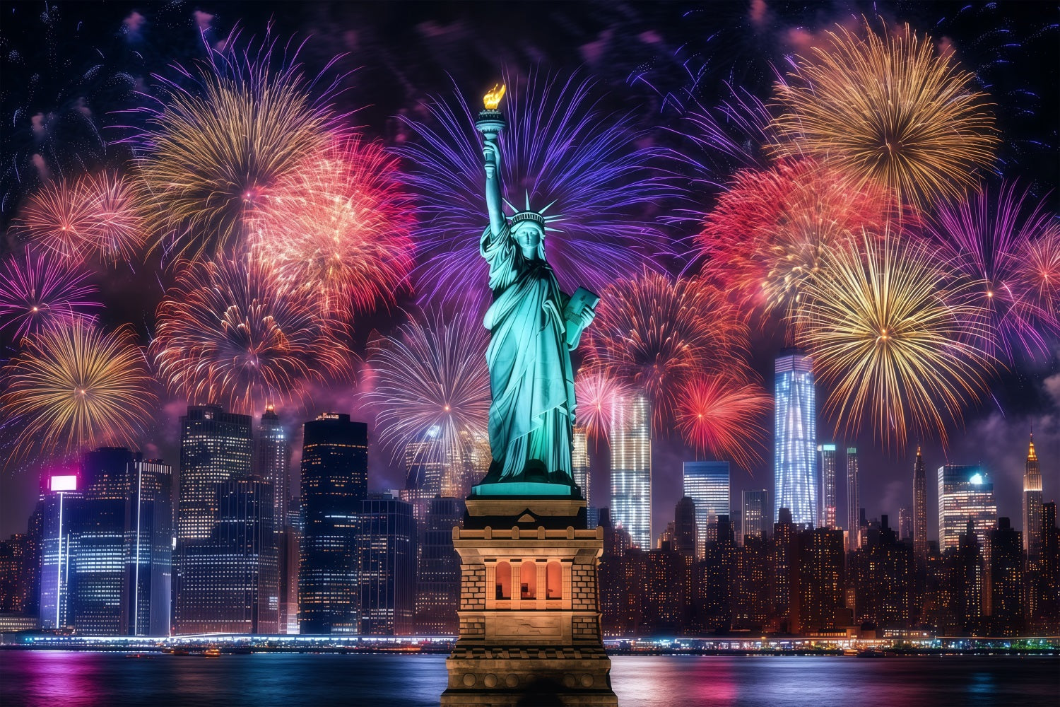 Happy New Year Backdrop Statue Liberty Night Cityscape Fireworks Backdrop LXX512-4