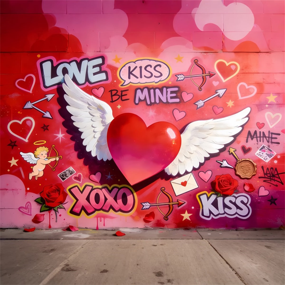Cupid Backdrop Love XOXO Winged Heart Graffiti Wall Valentine Backdrop LXX512-50