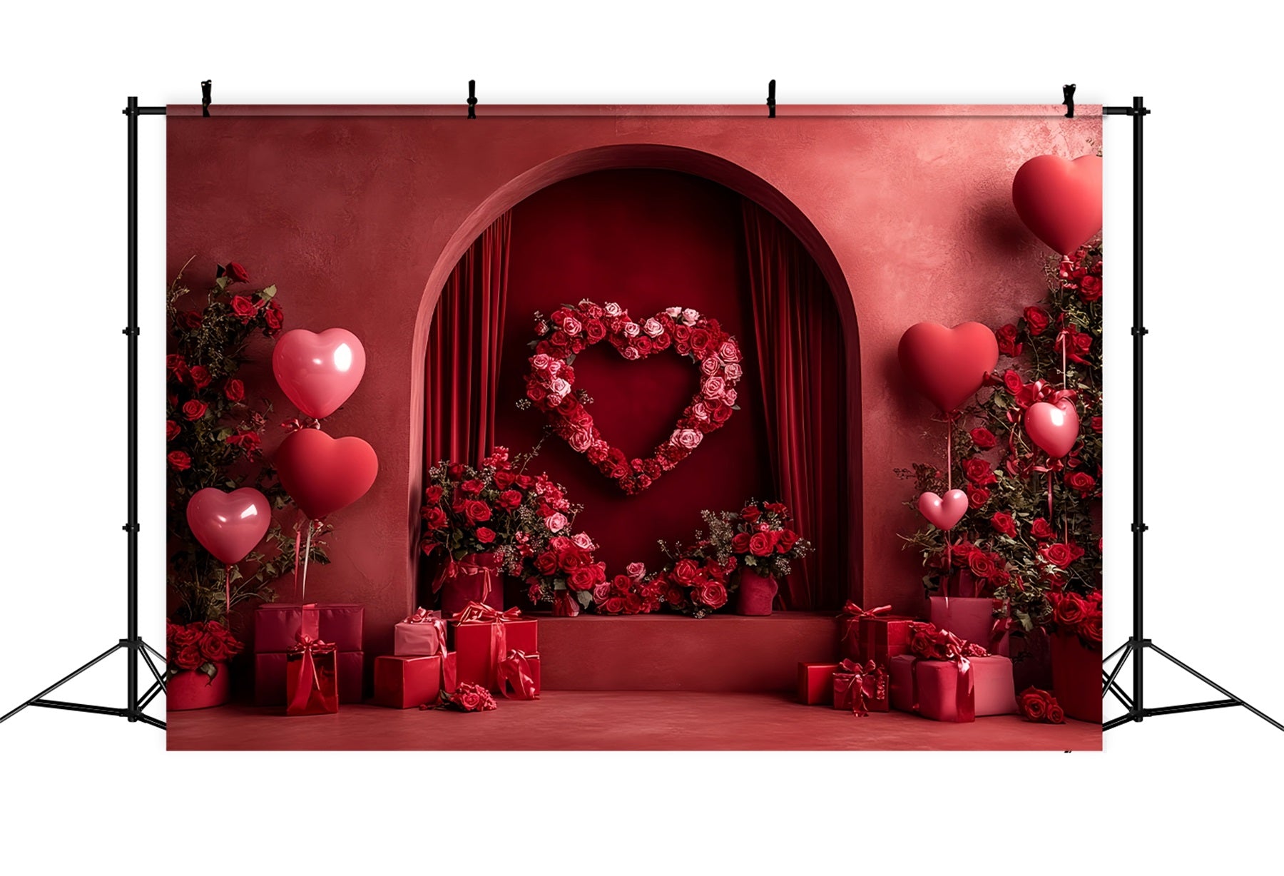 Red Roses Backdrop Love Heart Arch Alcove Heart Balloon Backdrop LXX512-59