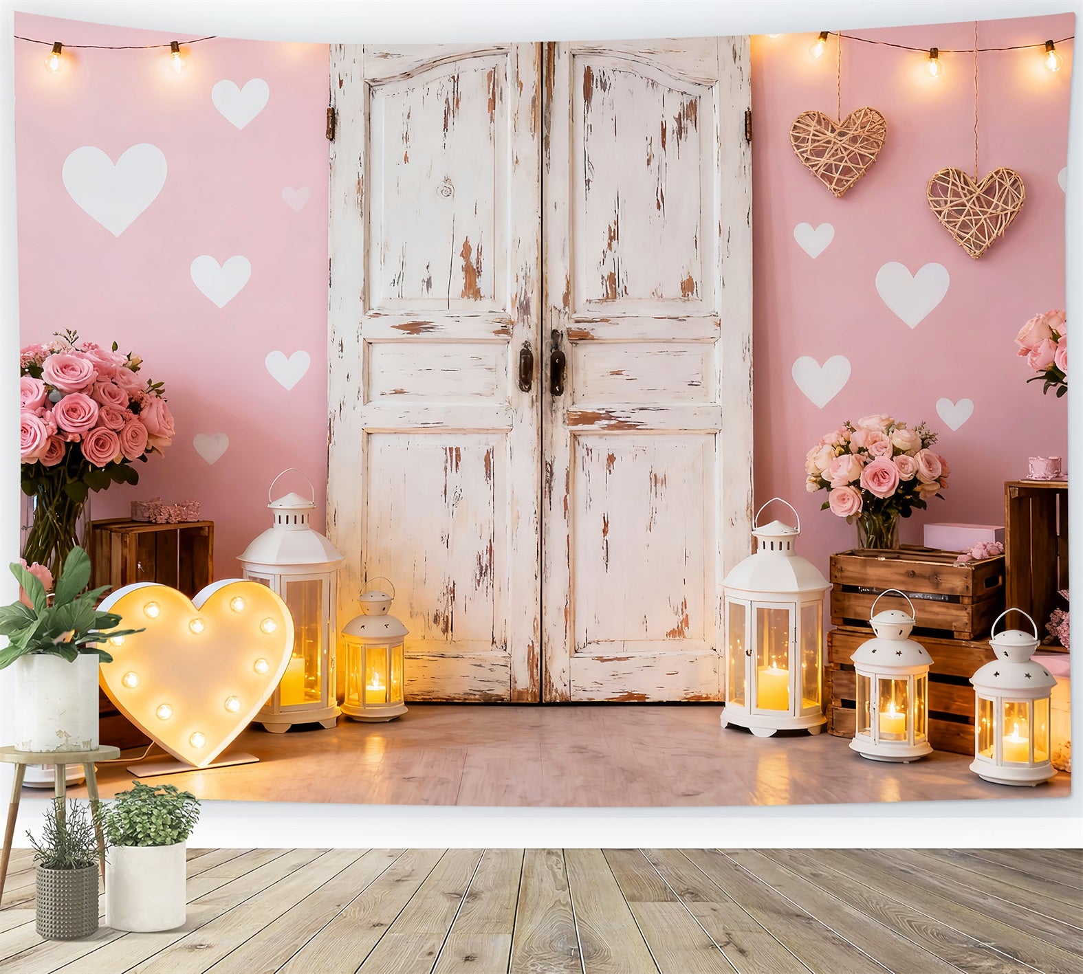 Pink Valentine Backdrop Rustic Door Roses Lantern Heart Backdrop LXX512-64