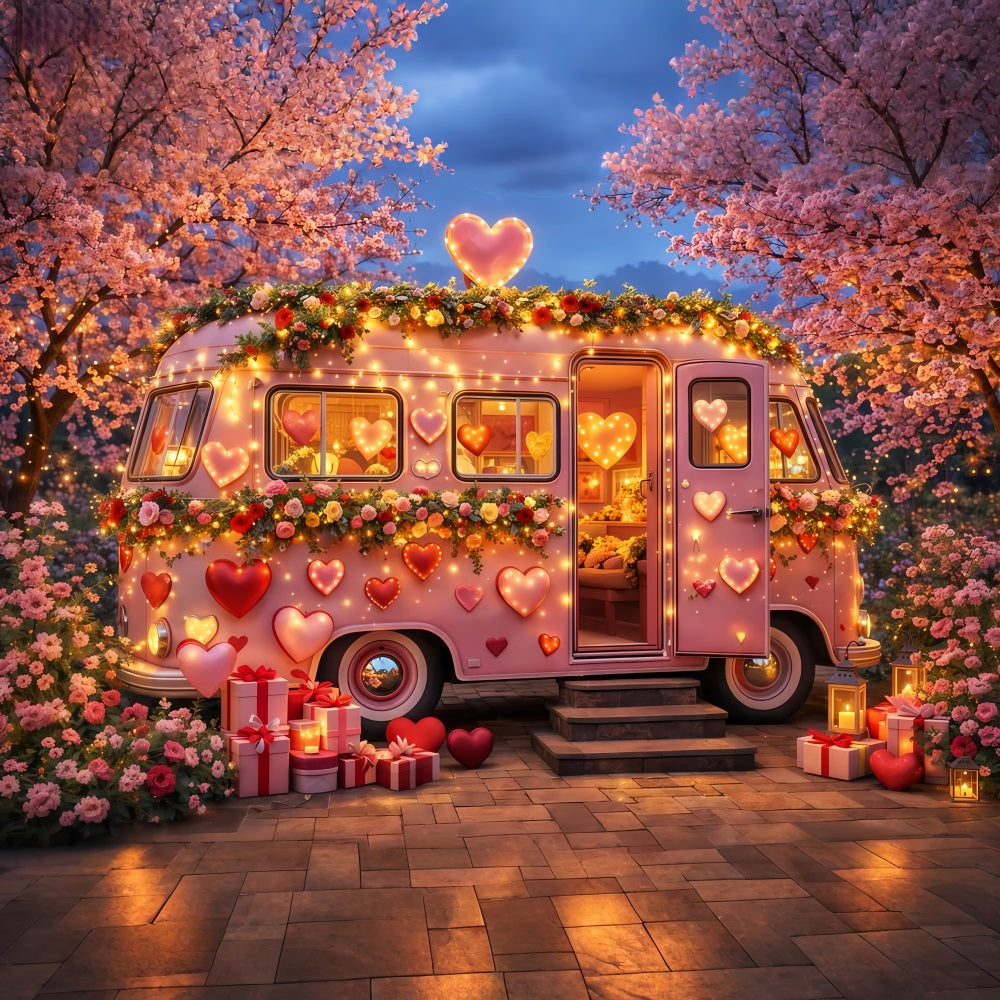 Pink Heart Backdrop Camper Blossom Neon Lights Romantic Backdrops LXX512-83
