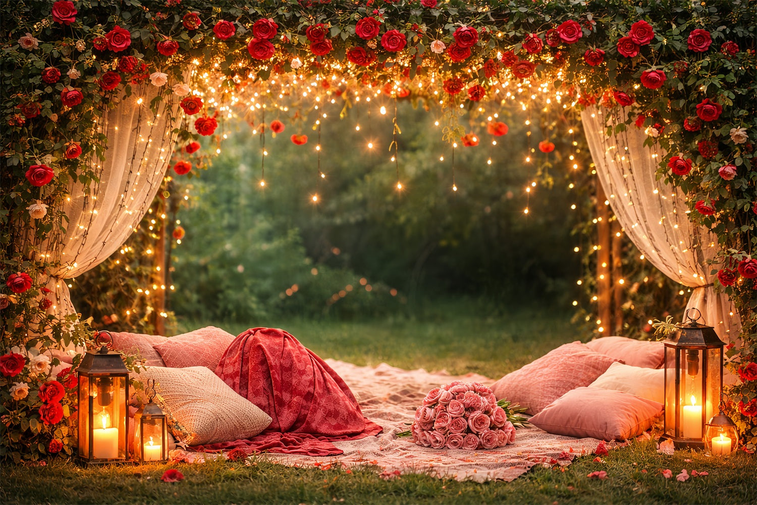 Red Rose Backdrop Twinkle Draped Canopy Floral Arch Valentine's Day Backdrop LXX512-93