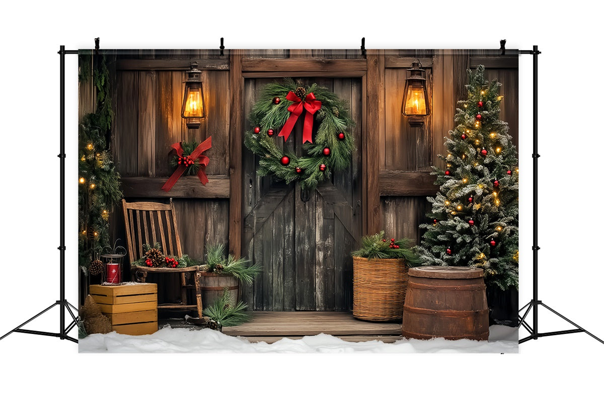 Vintage Christmas Backdrop Wooden Cabin Wreath Backdrop LXX57-195
