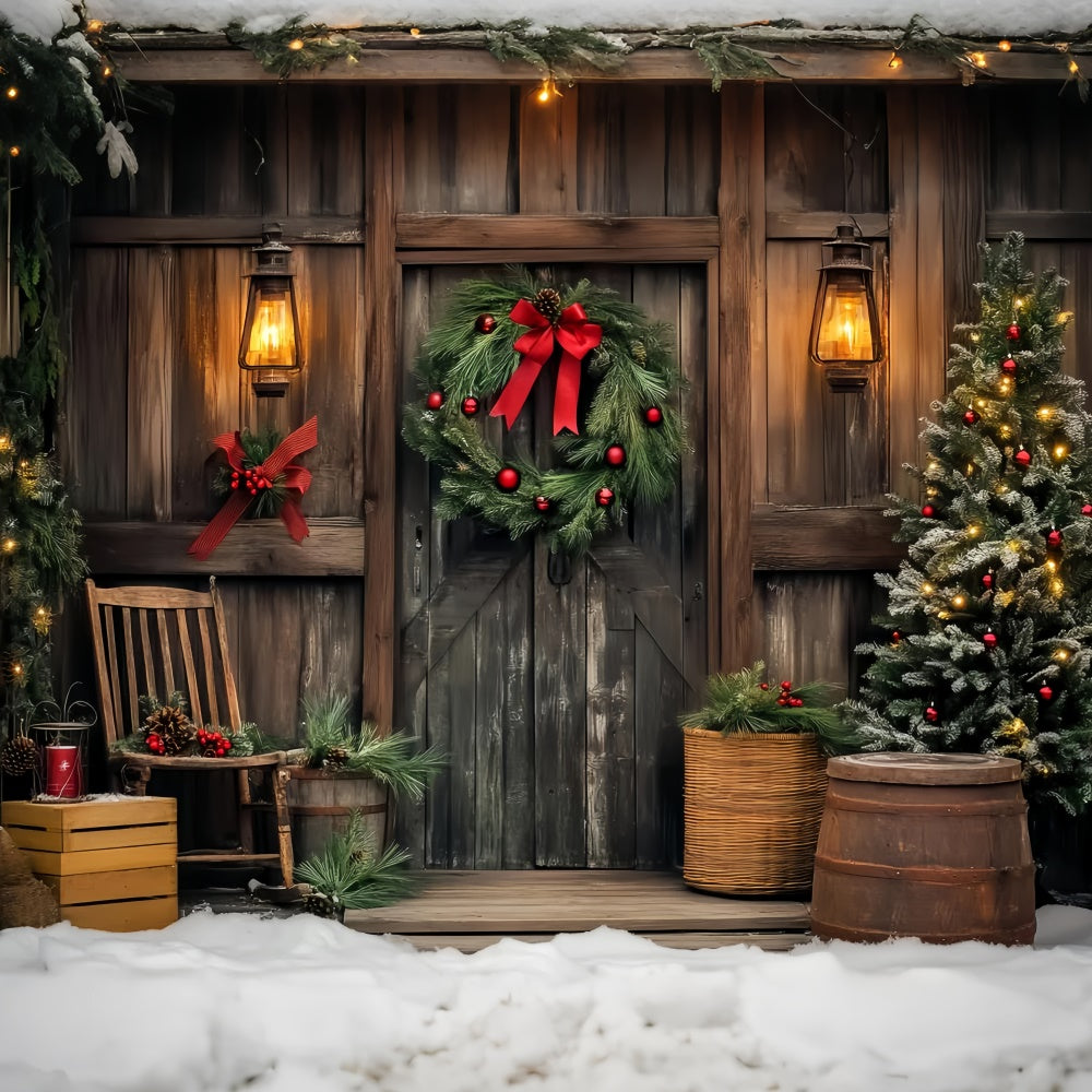 Vintage Christmas Backdrop Wooden Cabin Wreath Backdrop LXX57-195