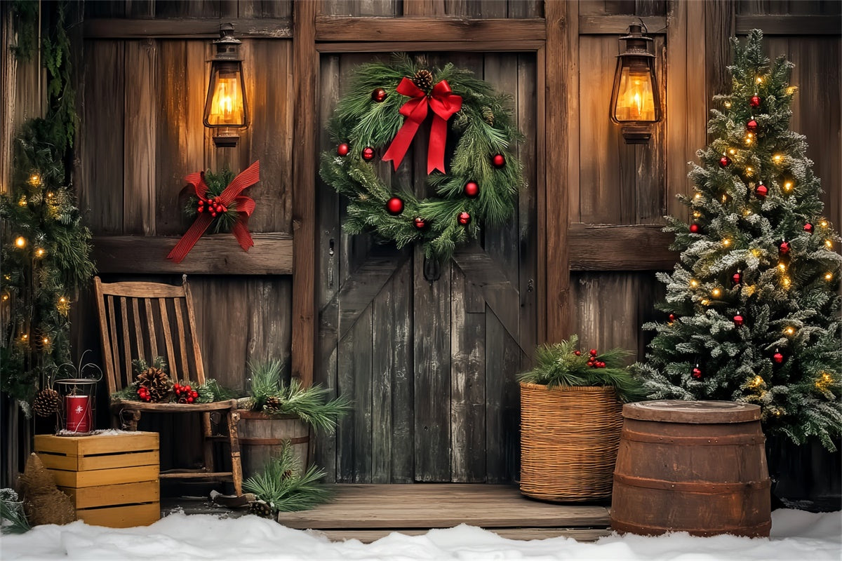 Vintage Christmas Backdrop Wooden Cabin Wreath Backdrop LXX57-195
