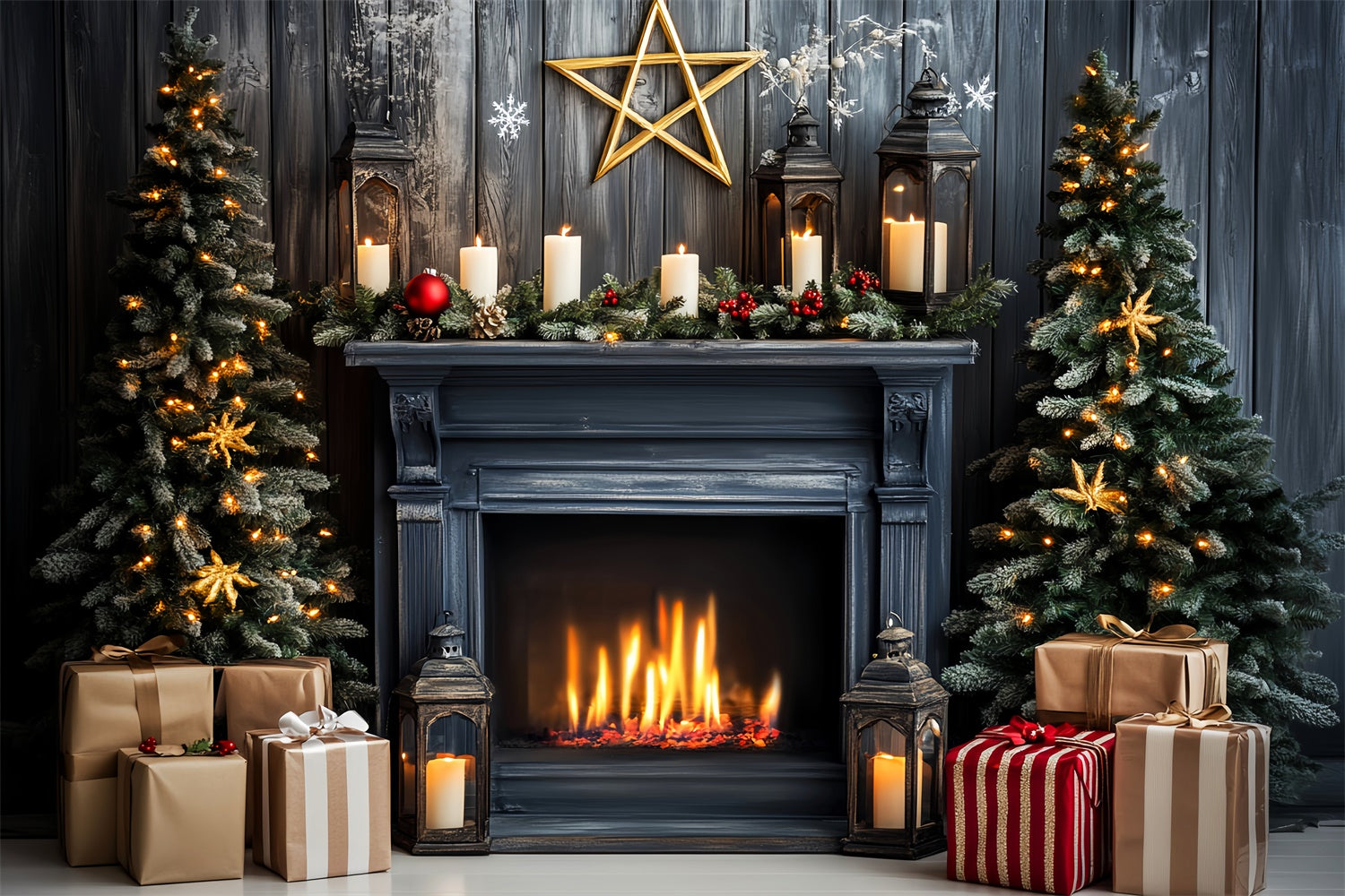 Vintage Christmas Backdrop Cozy Fireplace Backdrop LXX57-215
