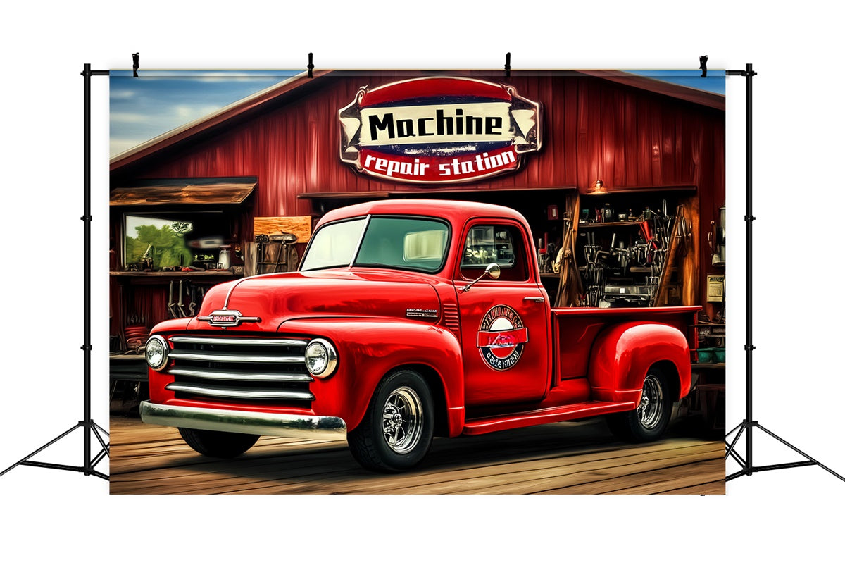 Retro Photo Backdrop Red Garage Truck Vintage Backdrop LXX57-229