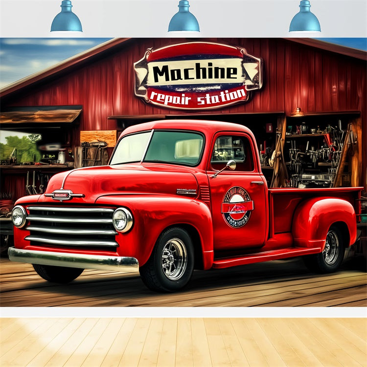 Retro Photo Backdrop Red Garage Truck Vintage Backdrop LXX57-229