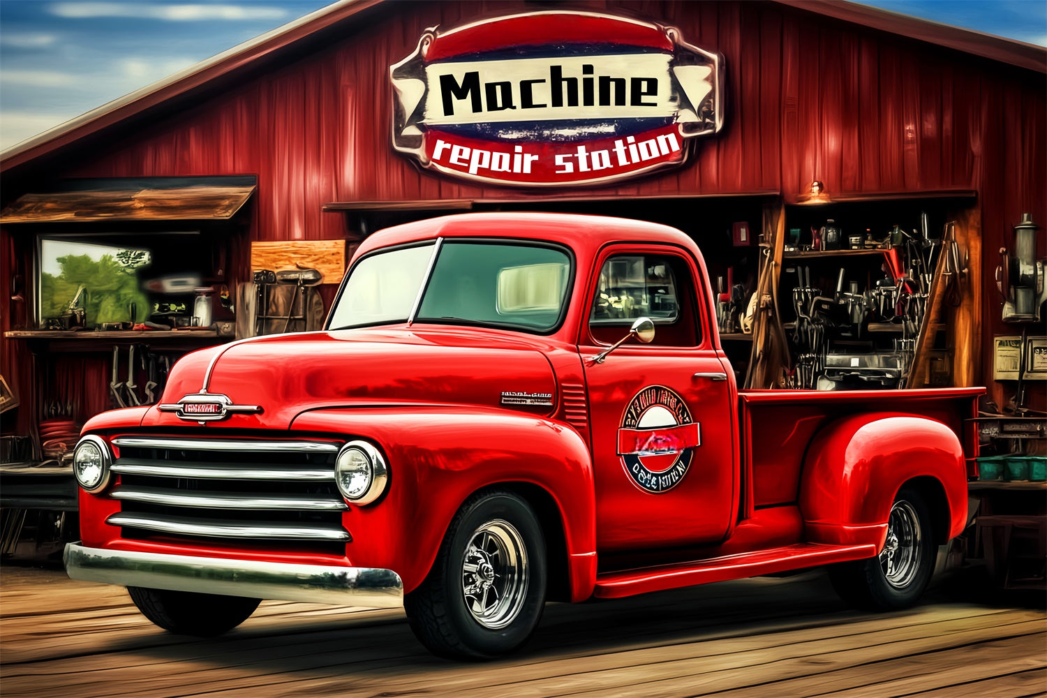 Retro Photo Backdrop Red Garage Truck Vintage Backdrop LXX57-229