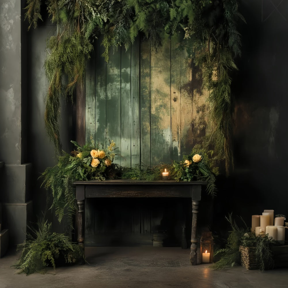 Backdrop Portrait Rustic Green Wood Panel Fabric Backdrop LXX57-262