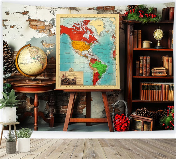 Back To School Photo Backdrop Rustic Map Globe Backdrop LXX57-52