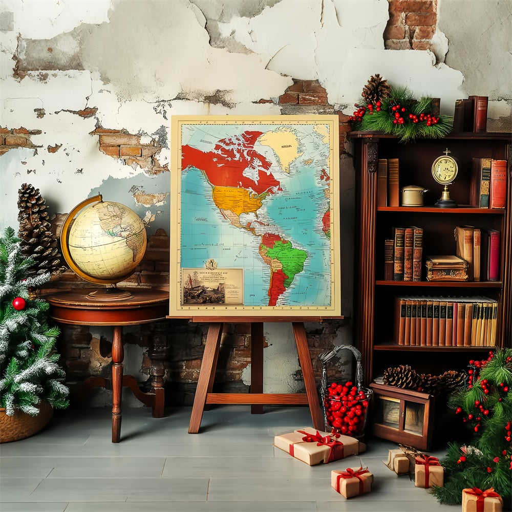 Back To School Photo Backdrop Rustic Map Globe Backdrop LXX57-52