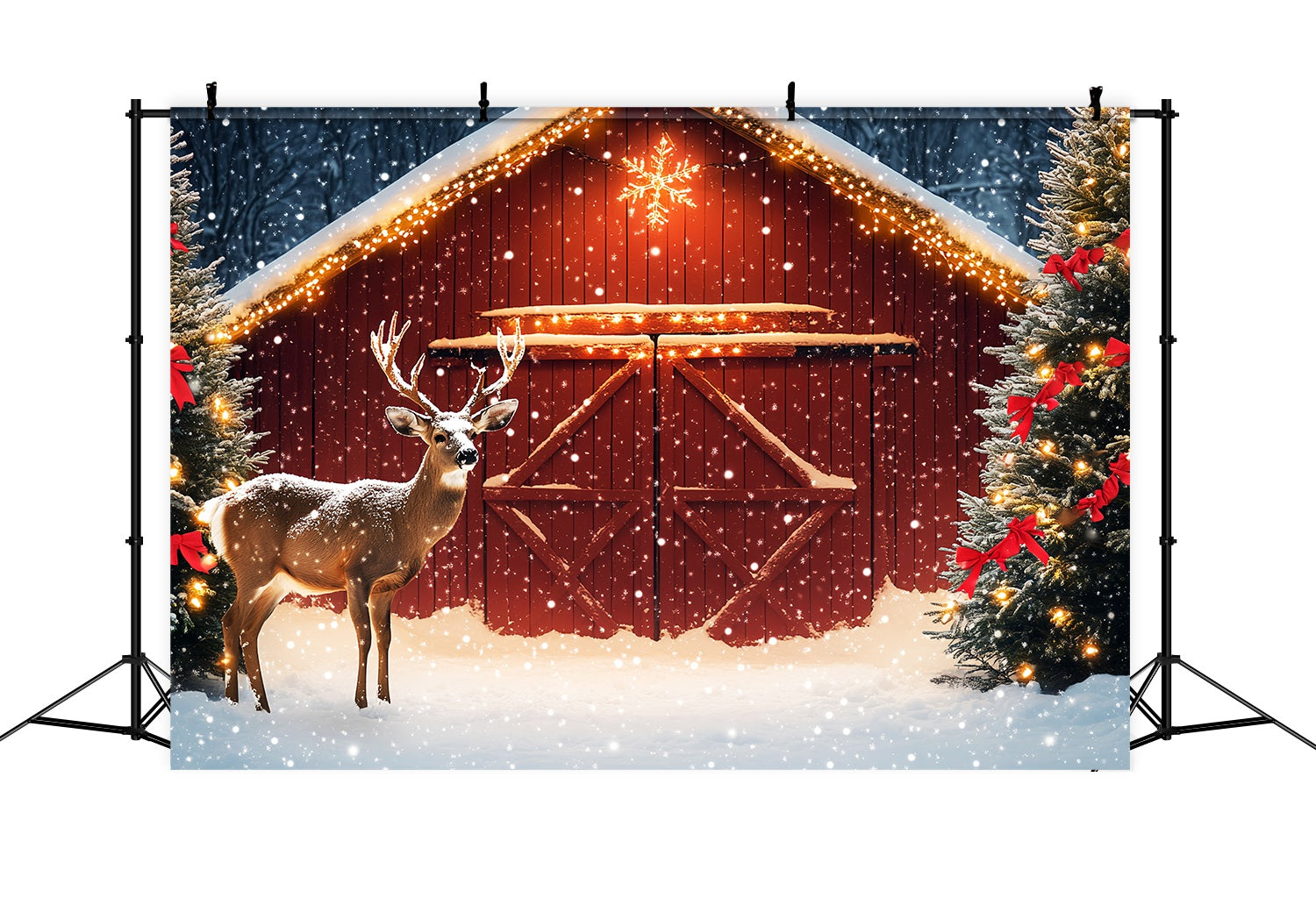 Christmas Tree Farm Backdrop Snowy Barn Reindeer Pine Tree Professional Christmas Backdrops LXX58-102