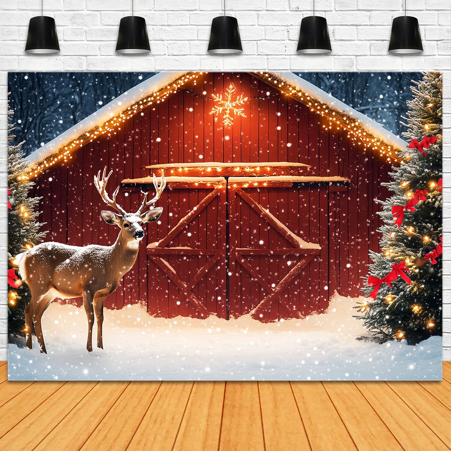 Christmas Tree Farm Backdrop Snowy Barn Reindeer Pine Tree Professional Christmas Backdrops LXX58-102