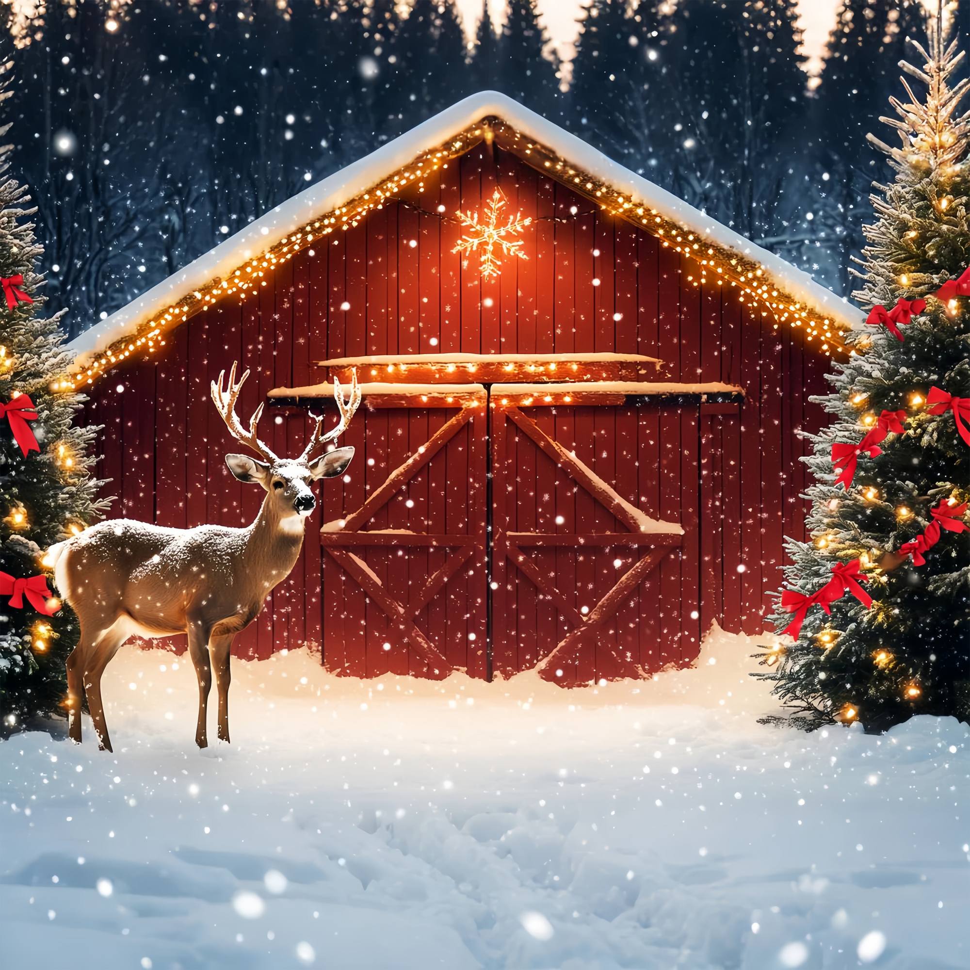 Christmas Tree Farm Backdrop Snowy Barn Reindeer Pine Tree Professional Christmas Backdrops LXX58-102