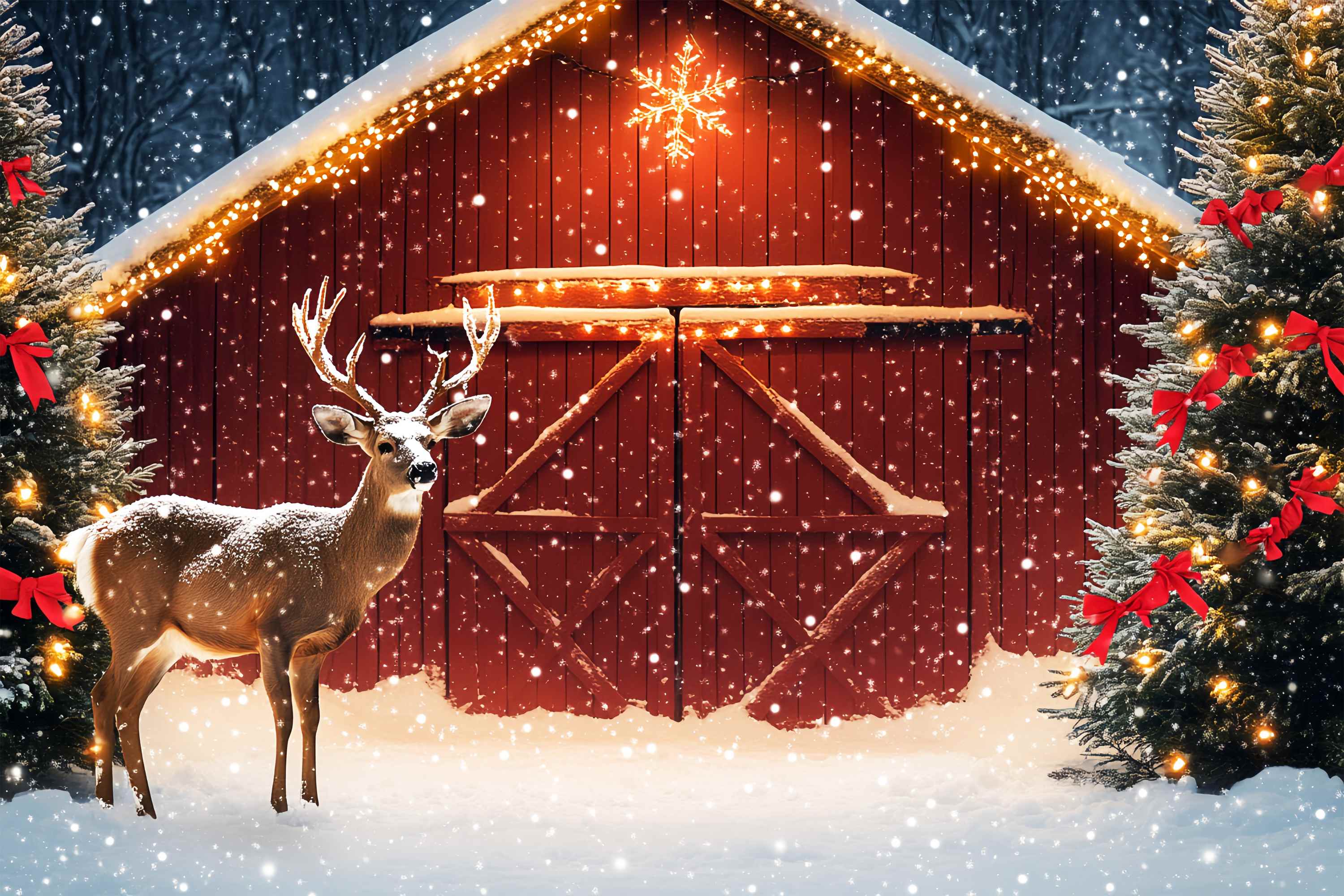 Christmas Tree Farm Backdrop Snowy Barn Reindeer Pine Tree Professional Christmas Backdrops LXX58-102