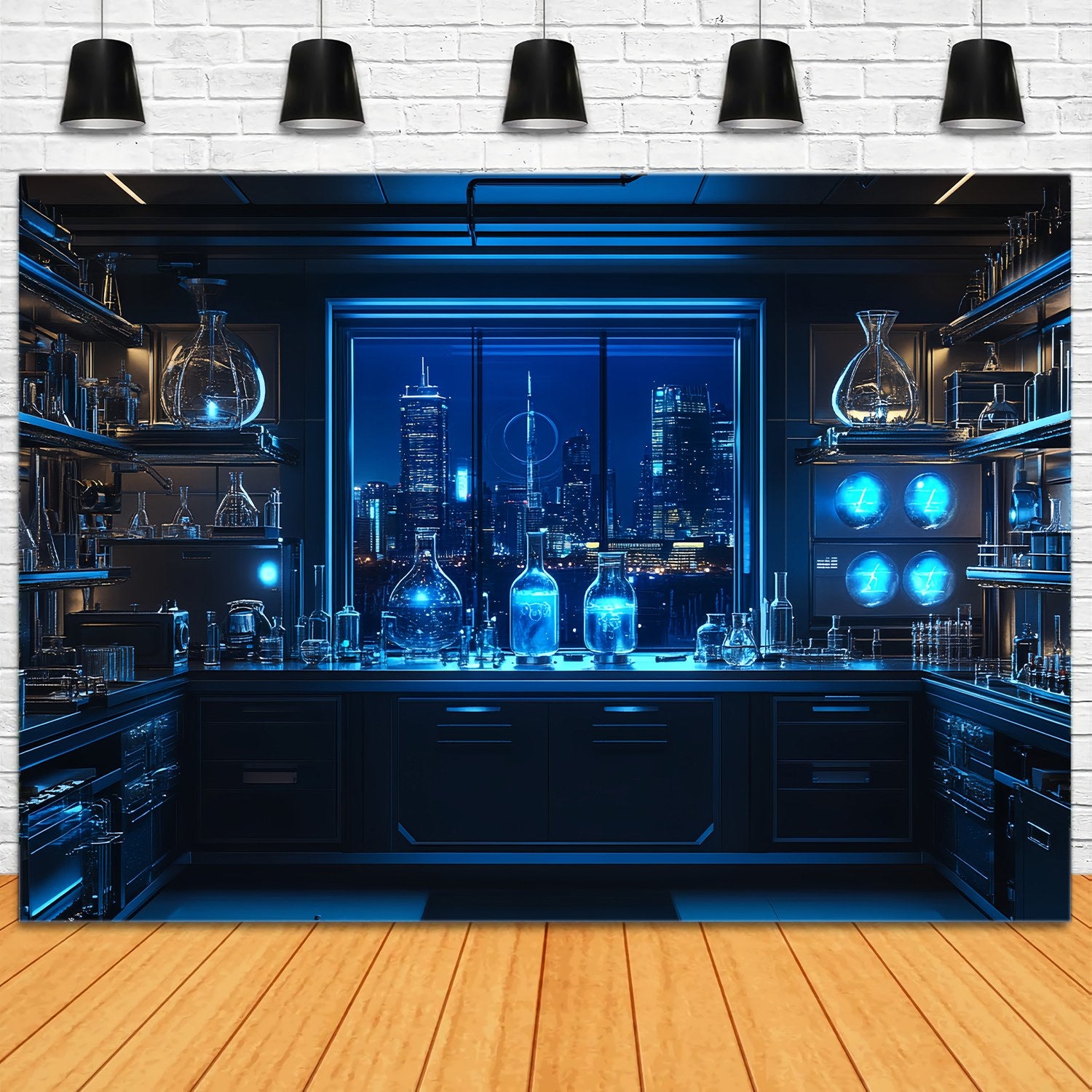 Chemistry Backdrop Futuristic Laboratory Skyline Night View School Picture Backdrop LXX58-108