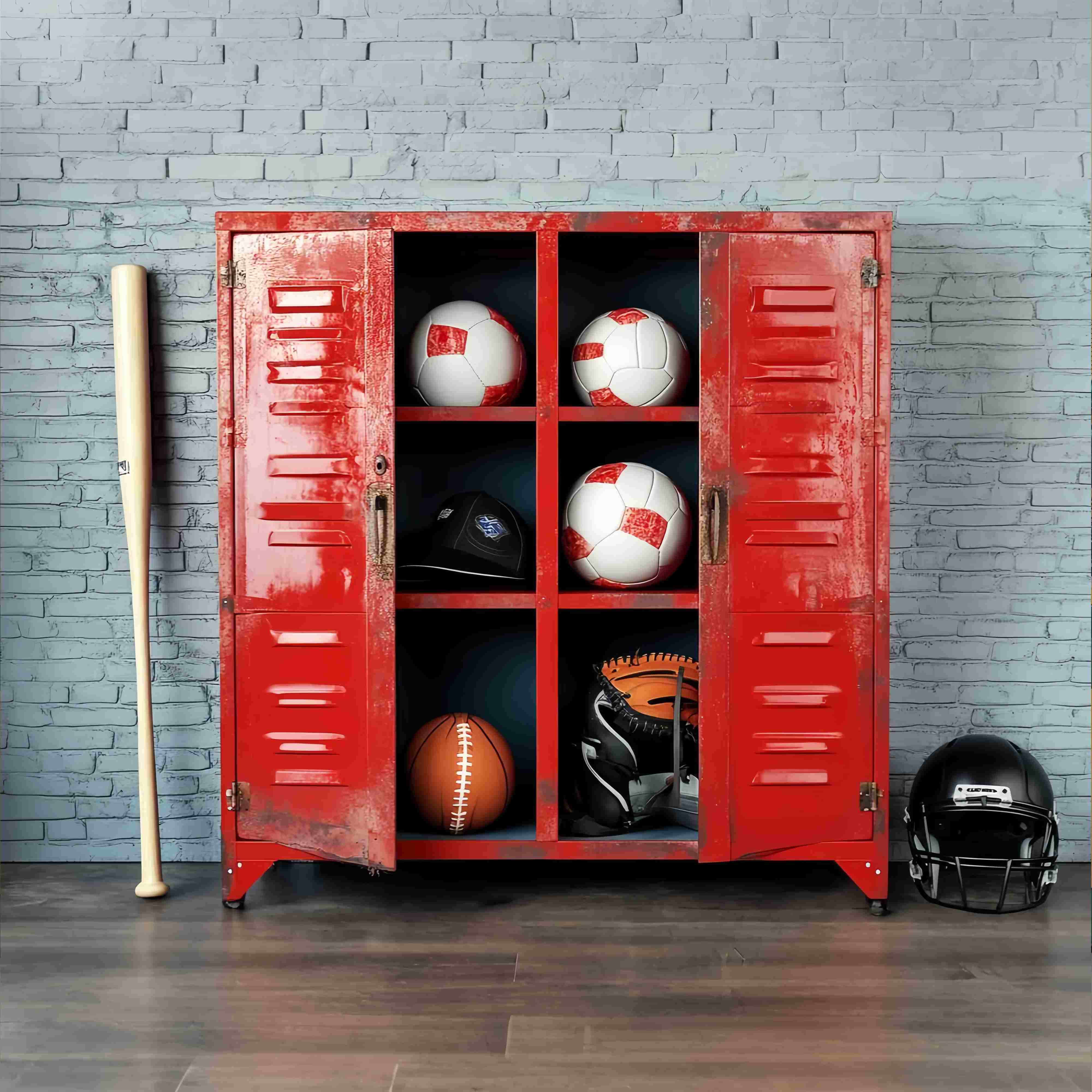 School Locker Backdrop Red Locker Filled Sports Equipment School Picture Backdrop LXX58-113