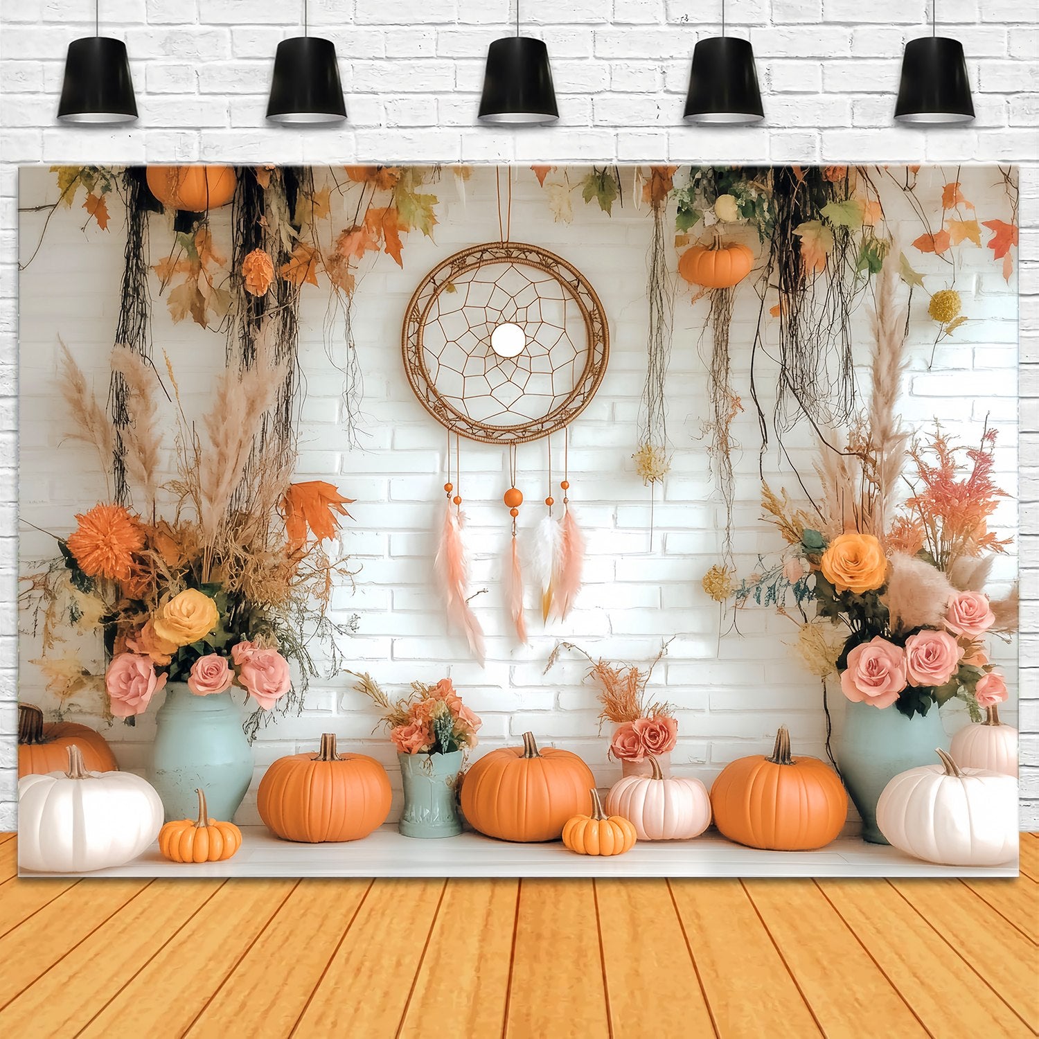 Autumn Fall Backdrop Rustic Pumpkin Dreamcatcher Display Boho Backdrop LXX58-155