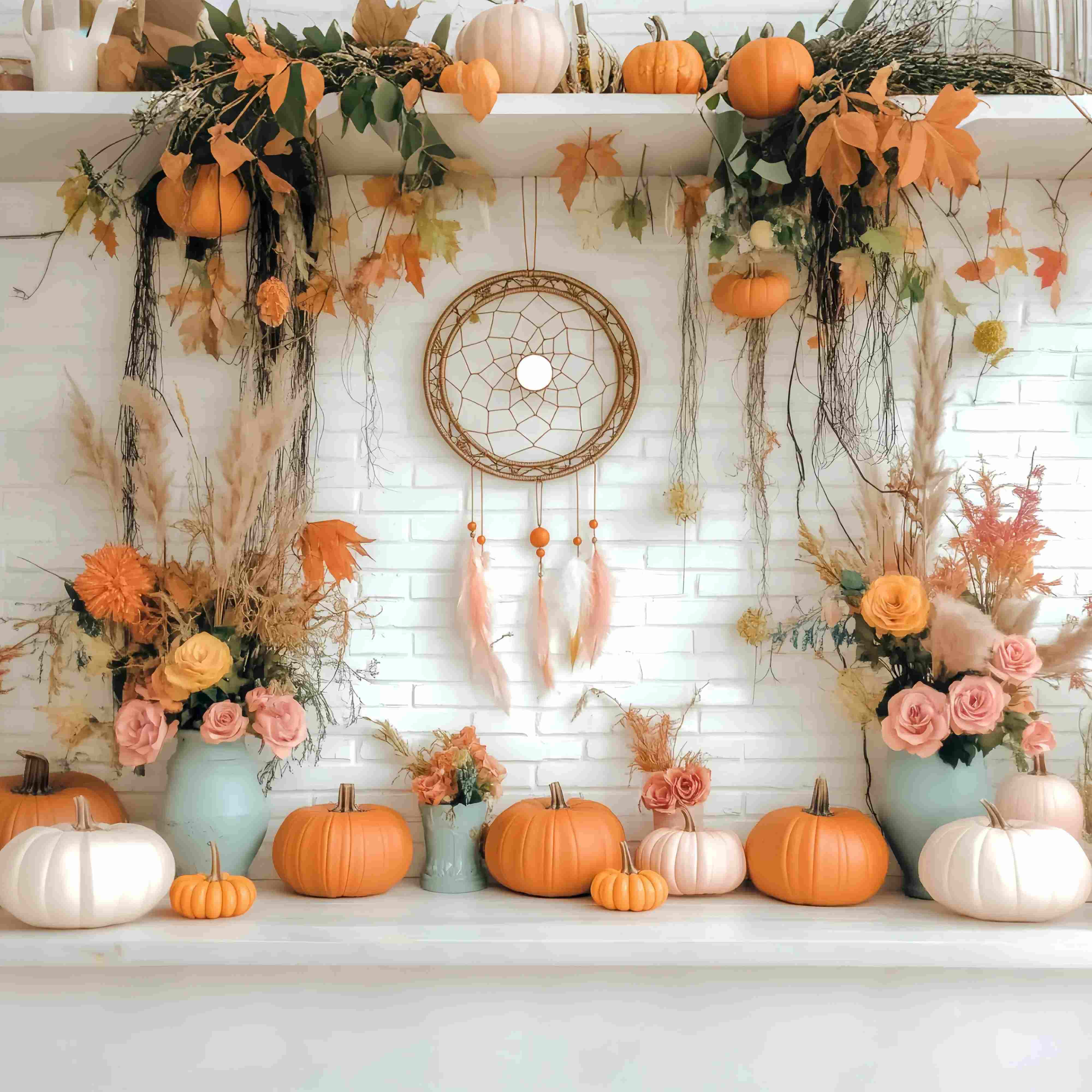 Autumn Fall Backdrop Rustic Pumpkin Dreamcatcher Display Boho Backdrop LXX58-155