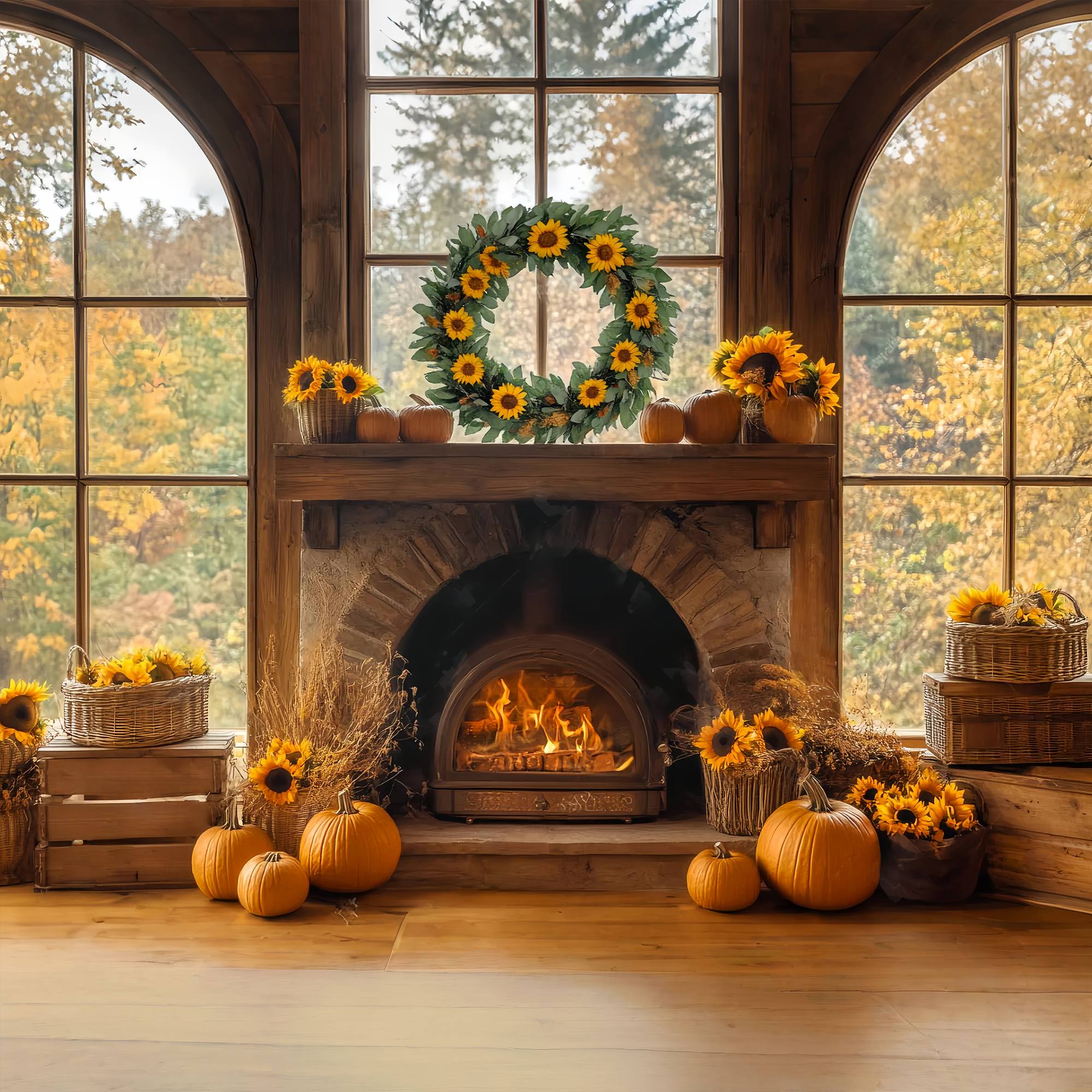 Fall Backdrop for Pictures Sunflower Pumpkin Hearth Glow Fireplace Backdrop LXX58-160