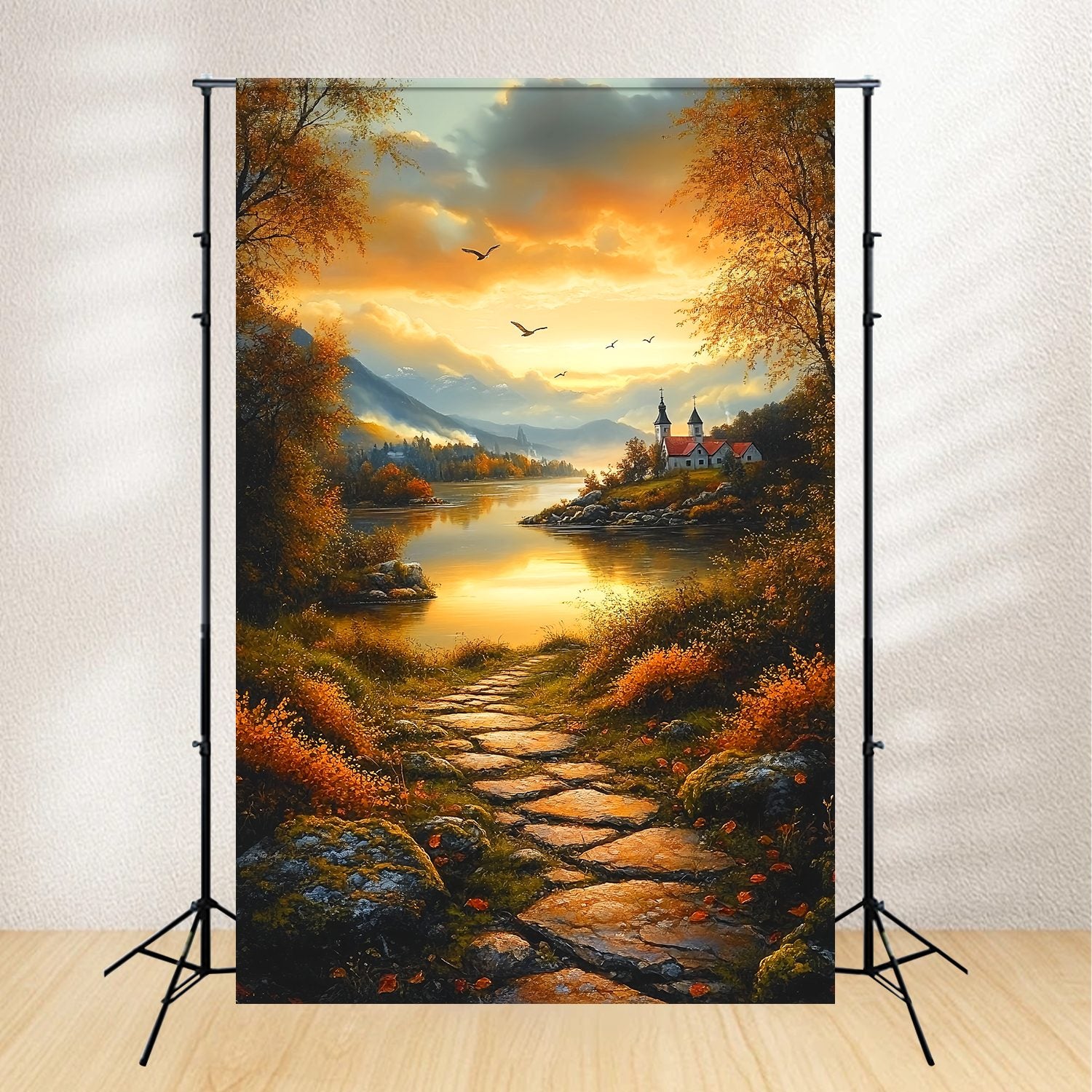 Fall Backdrop Autumn Pathway Lakeside Village Sunset Backdrop LXX58-165