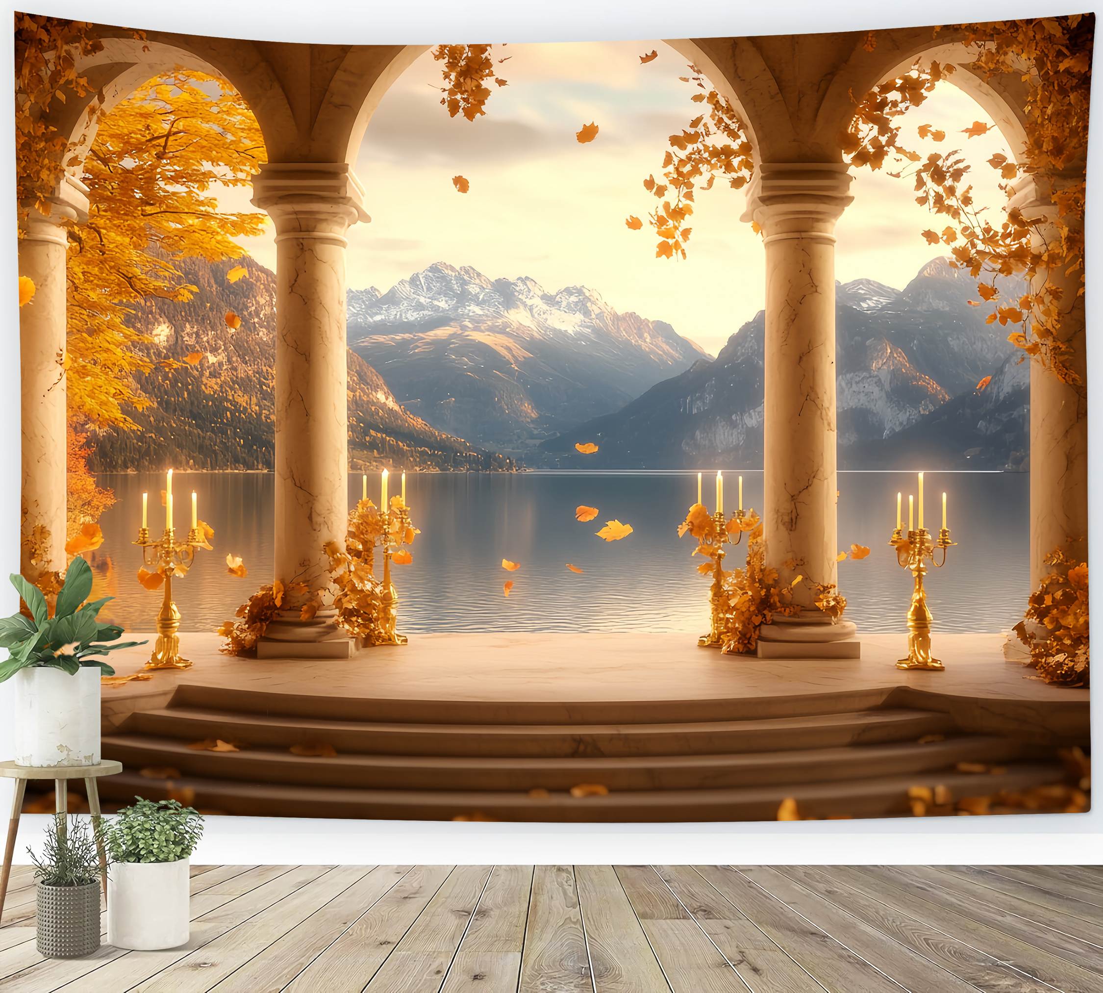 Fall Backdrop for Pictures Golden Arch Lake Mountains Vintage Backdrop LXX58-168