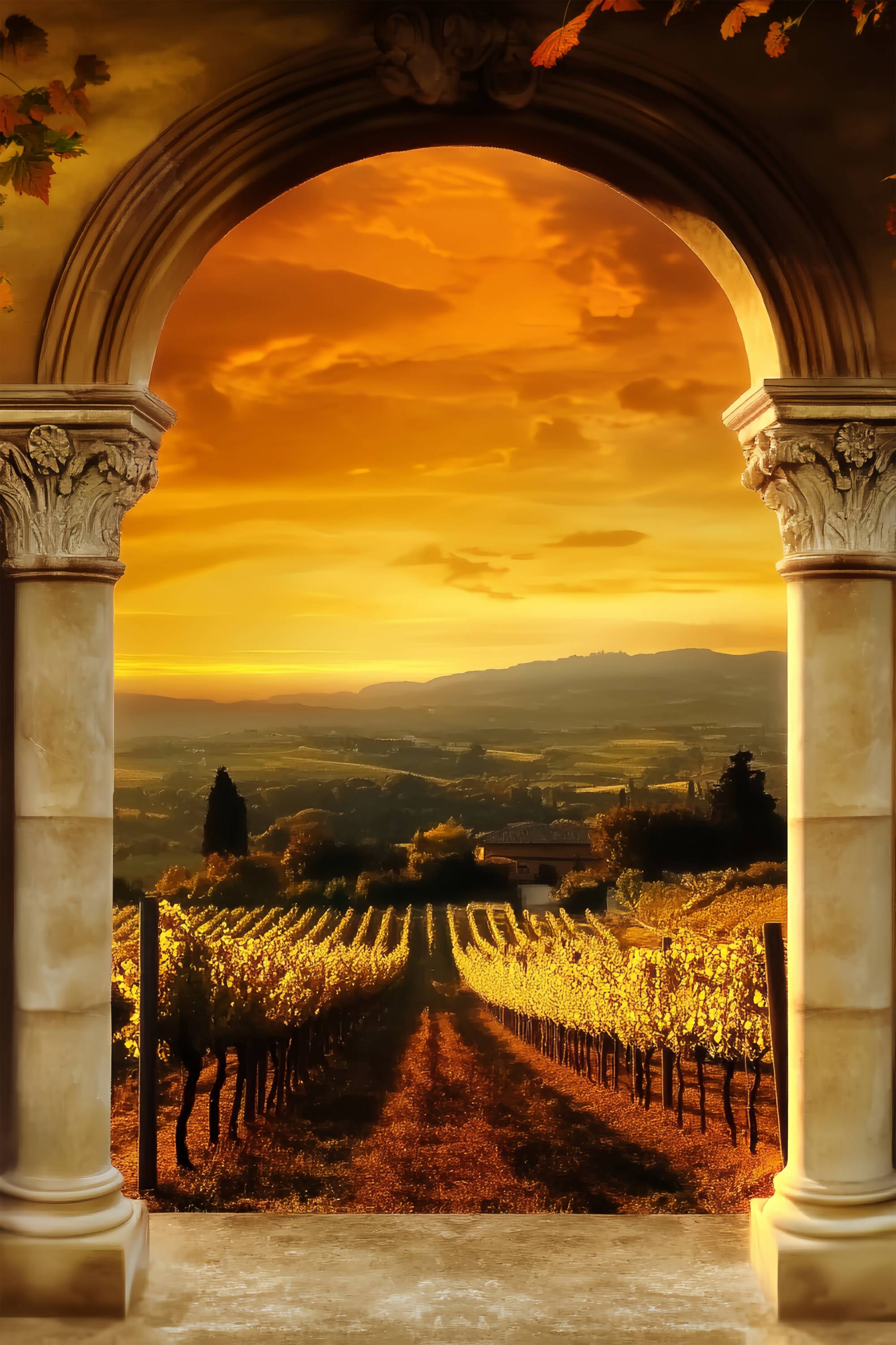 Fall Backdrop Golden Vineyard Archway View Vintage Backdrop LXX58-174