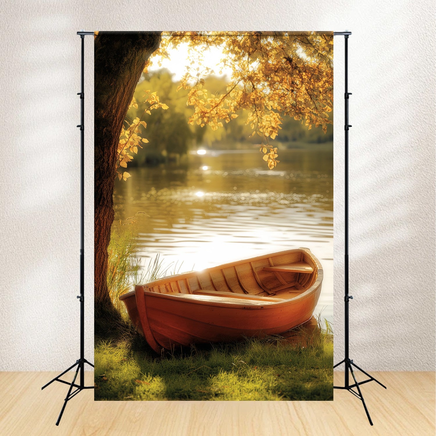 Fall Photography Backdrops Golden Rowboat Lakeside Tranquility Forest Backdrop LXX58-180
